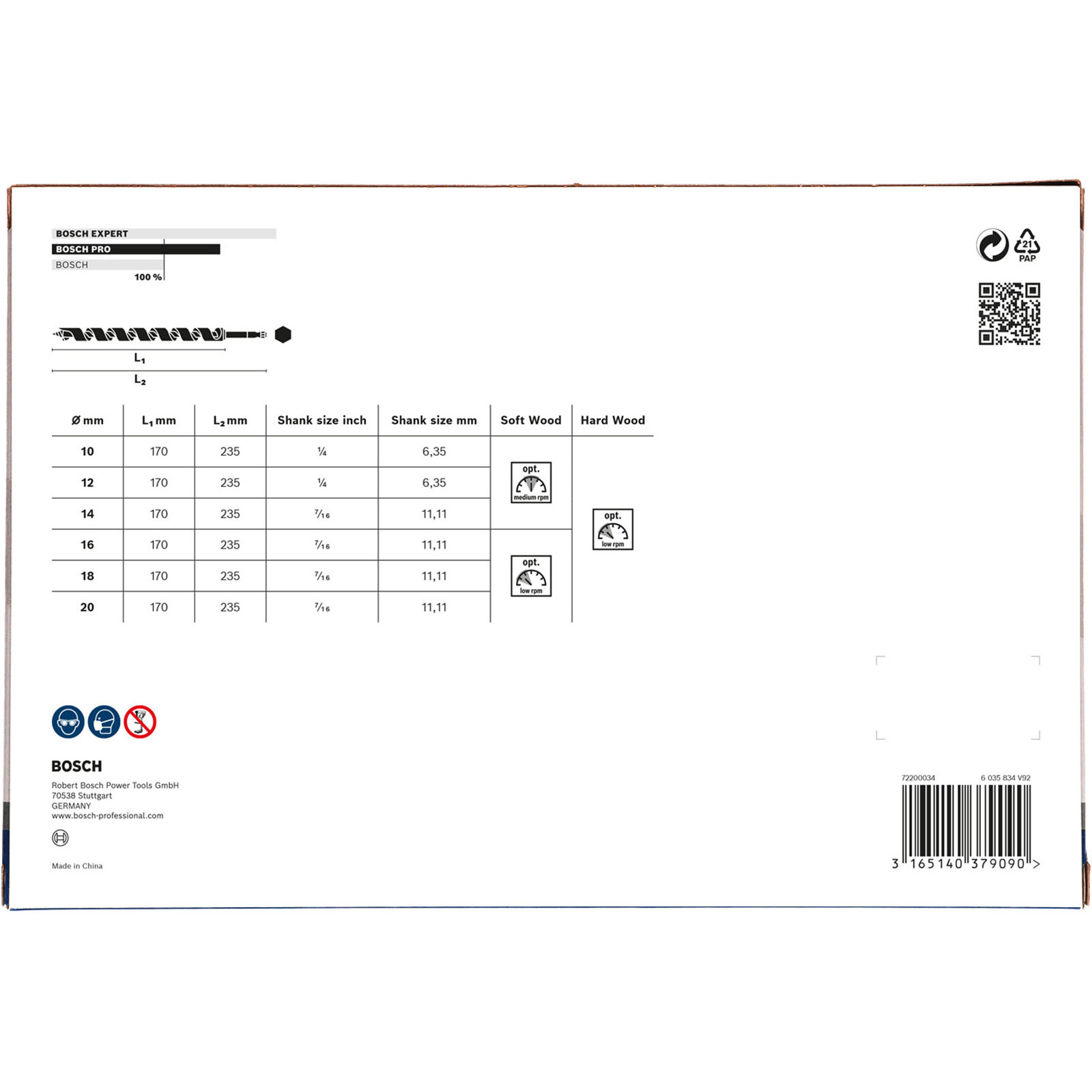 Bosch Holzbohrer Tabelle mit Maßen und Drehzahlangaben für Weich- und Hartholz.