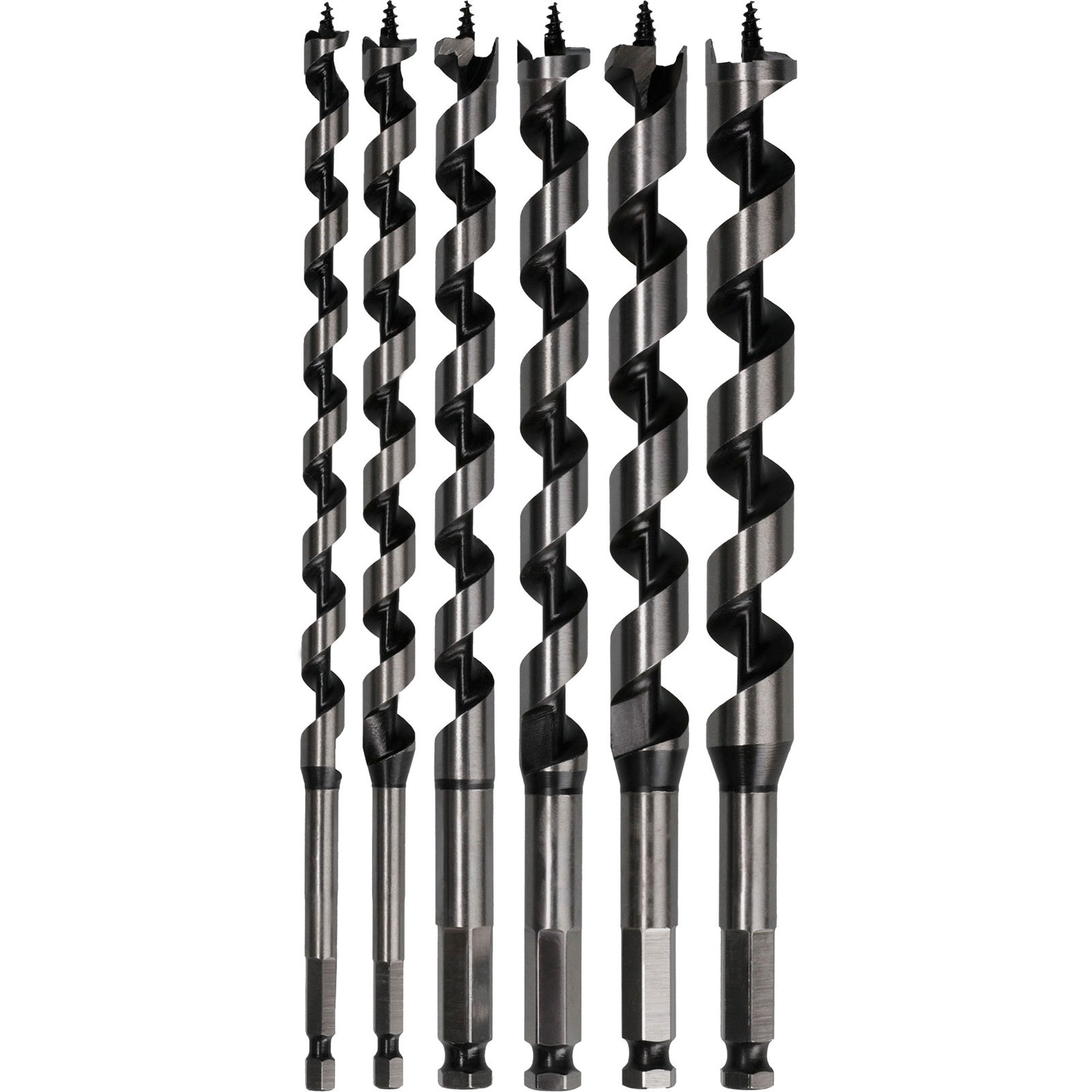 Sechs Metallbohrer mit Spiralnut und sechseckigem Schaft auf weißem Grund.