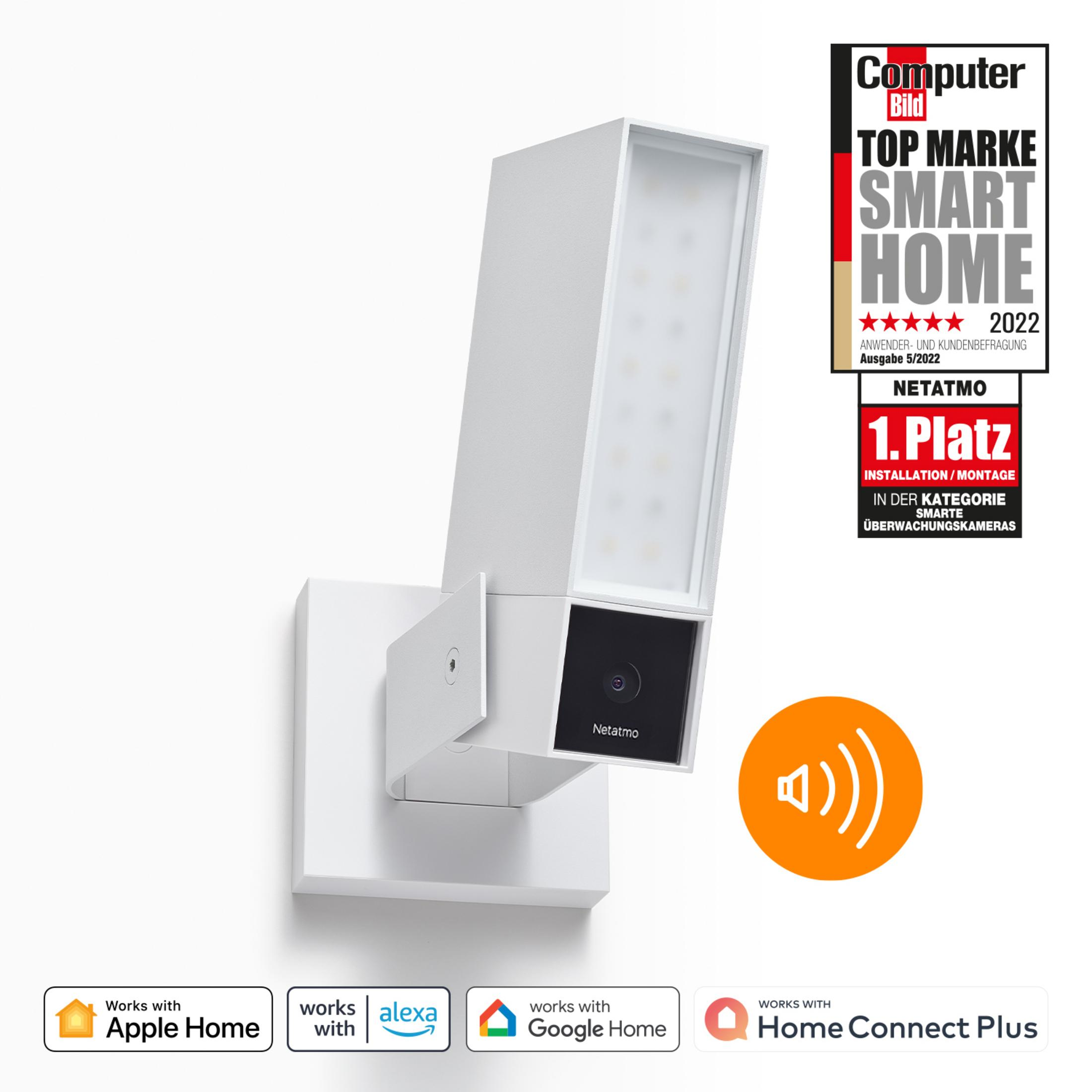 Witte smart home camera met licht, prijzen en compatibiliteitslogo's.
