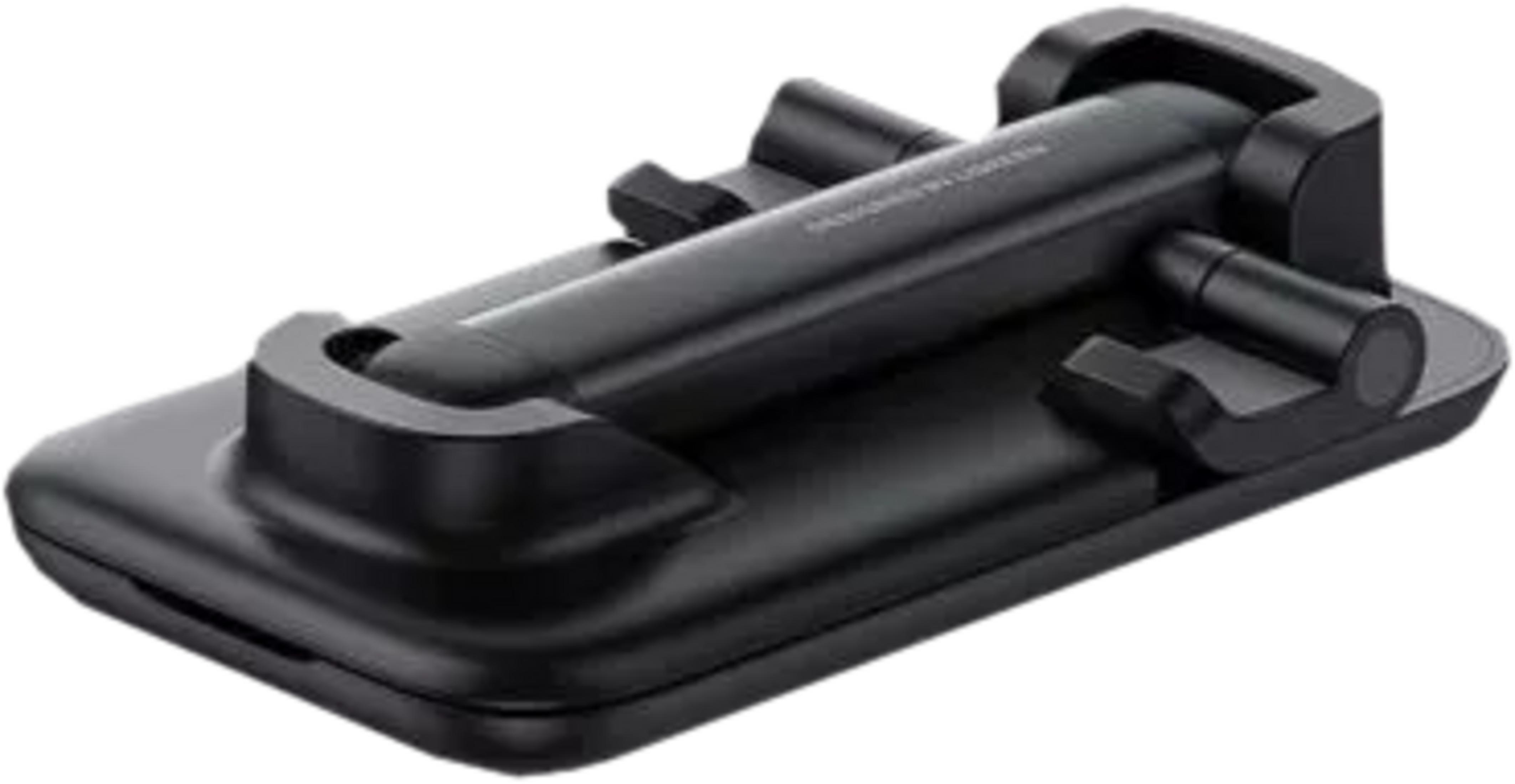 Czarny, składany uchwyt na telefon na białym tle.