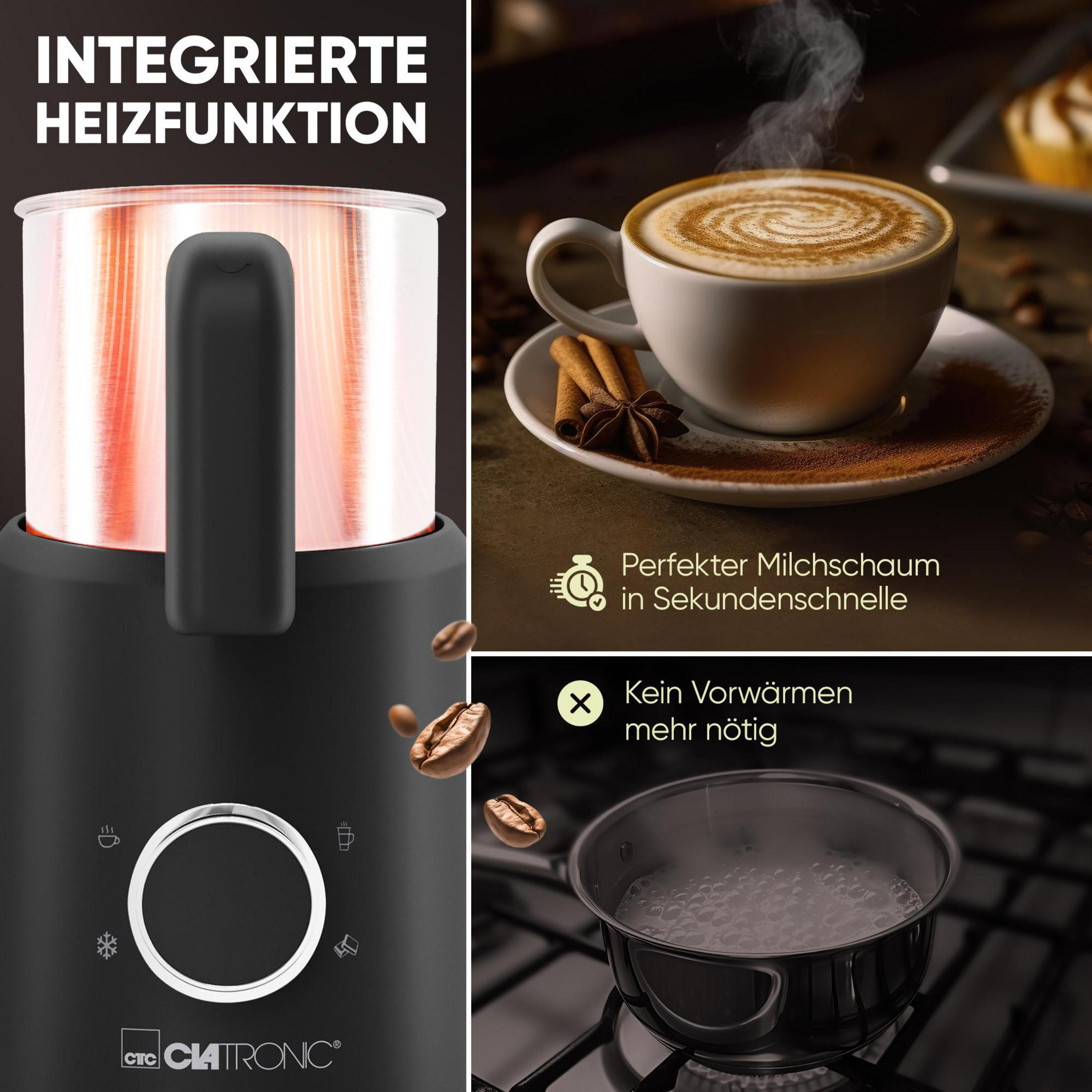 Spieniacz do mleka z funkcją podgrzewania, filiżanka cappuccino i garnek gotującej się wody.