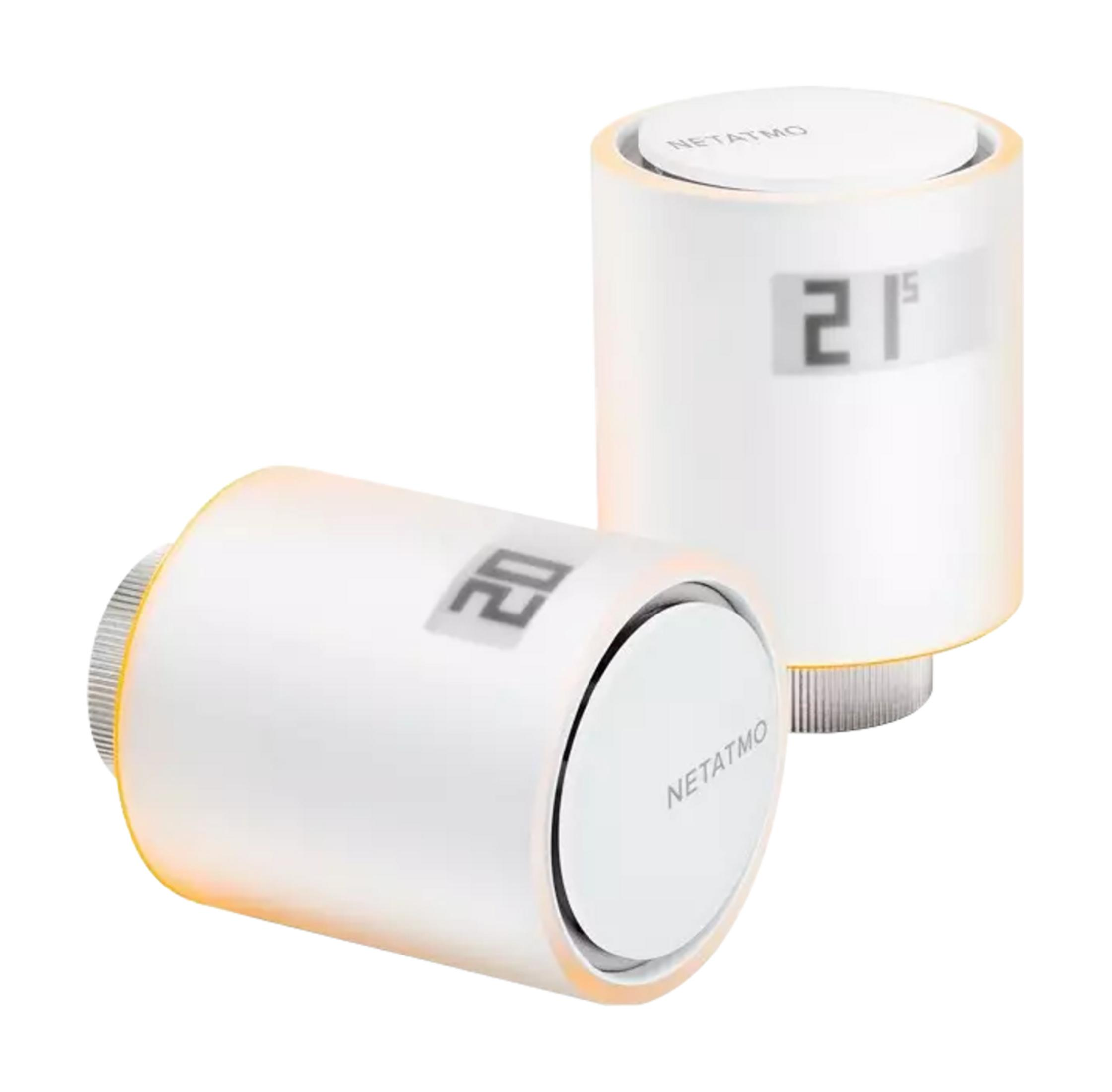 Two white thermostat heads with digital displays, one showing 20, the other 21.