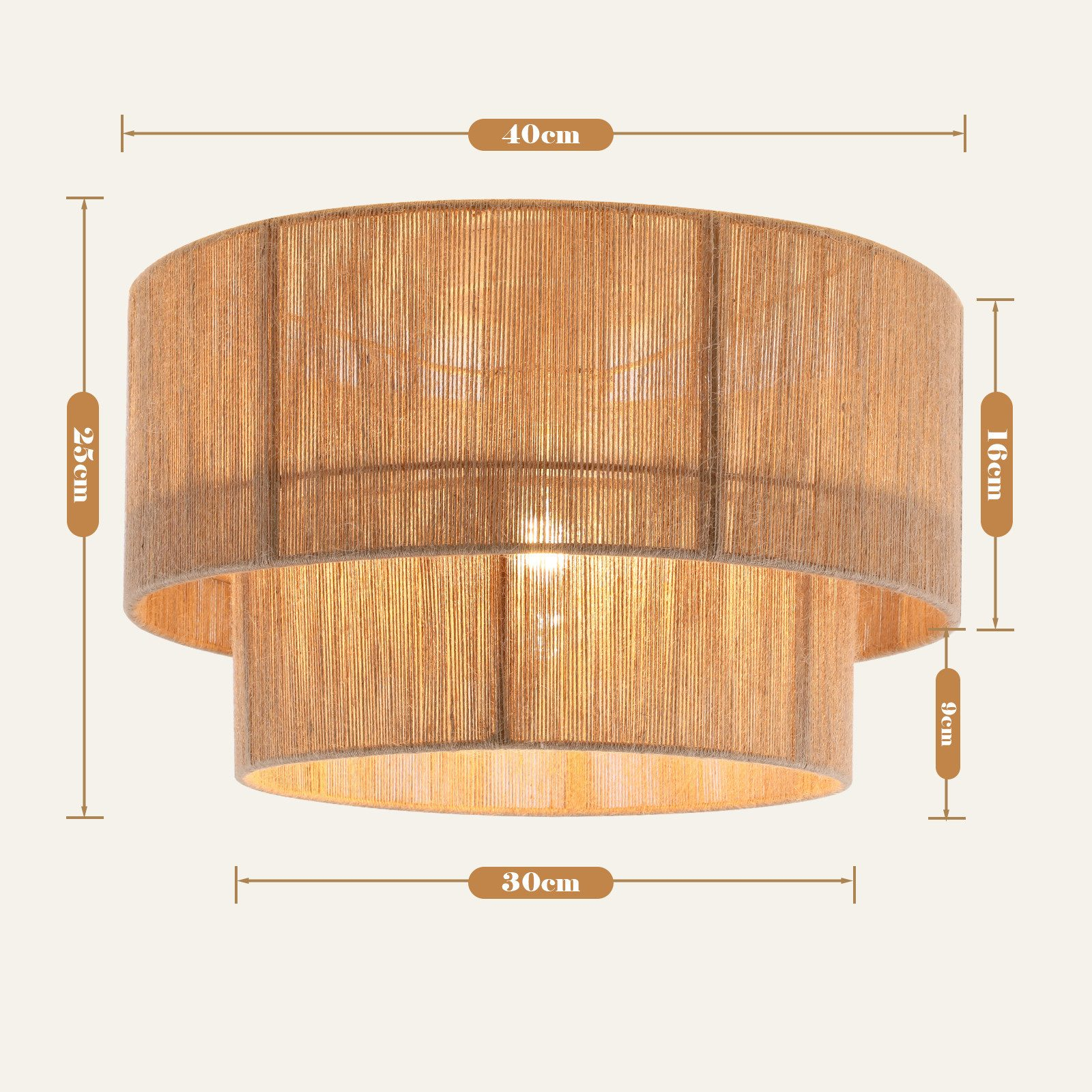 Lampada in juta a due livelli, 40cm di larghezza, 25cm di altezza.