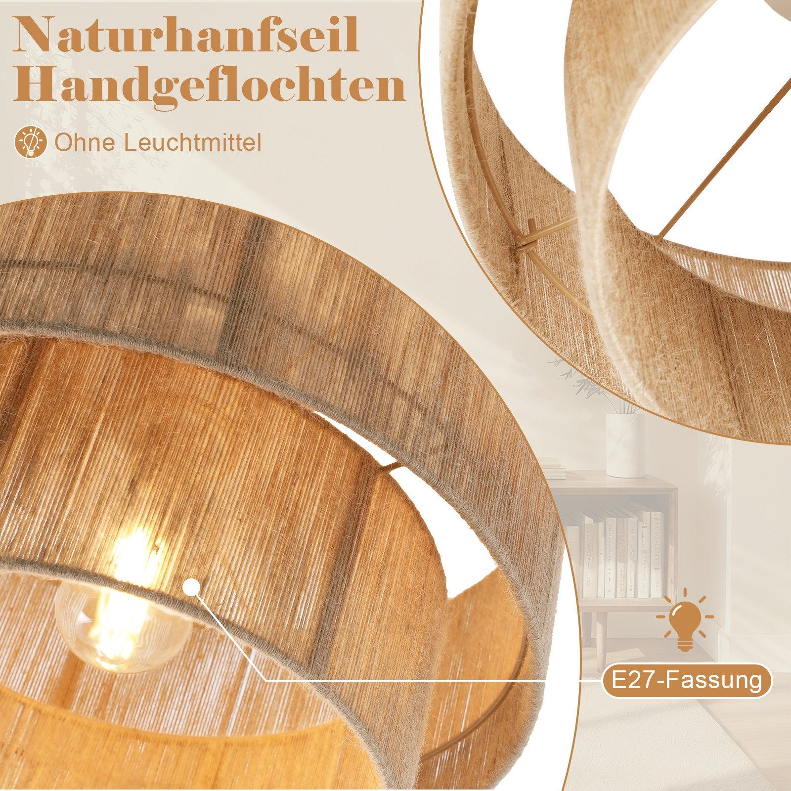 Lampada a sospensione in canapa naturale intrecciata a mano con lampadina E27.