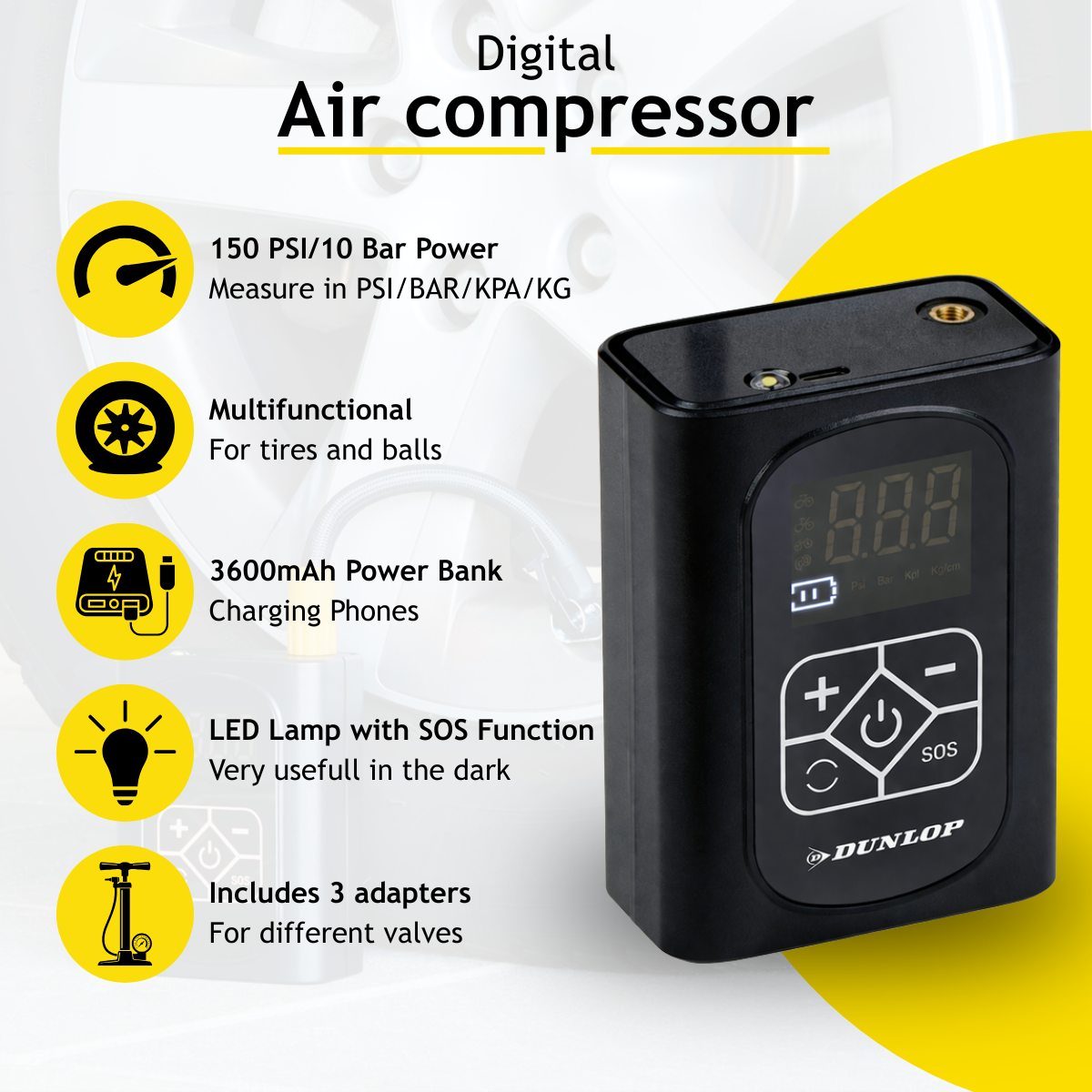 Dunlop digitale luchtcompressor met digitaal display, powerbank en LED-lampje.