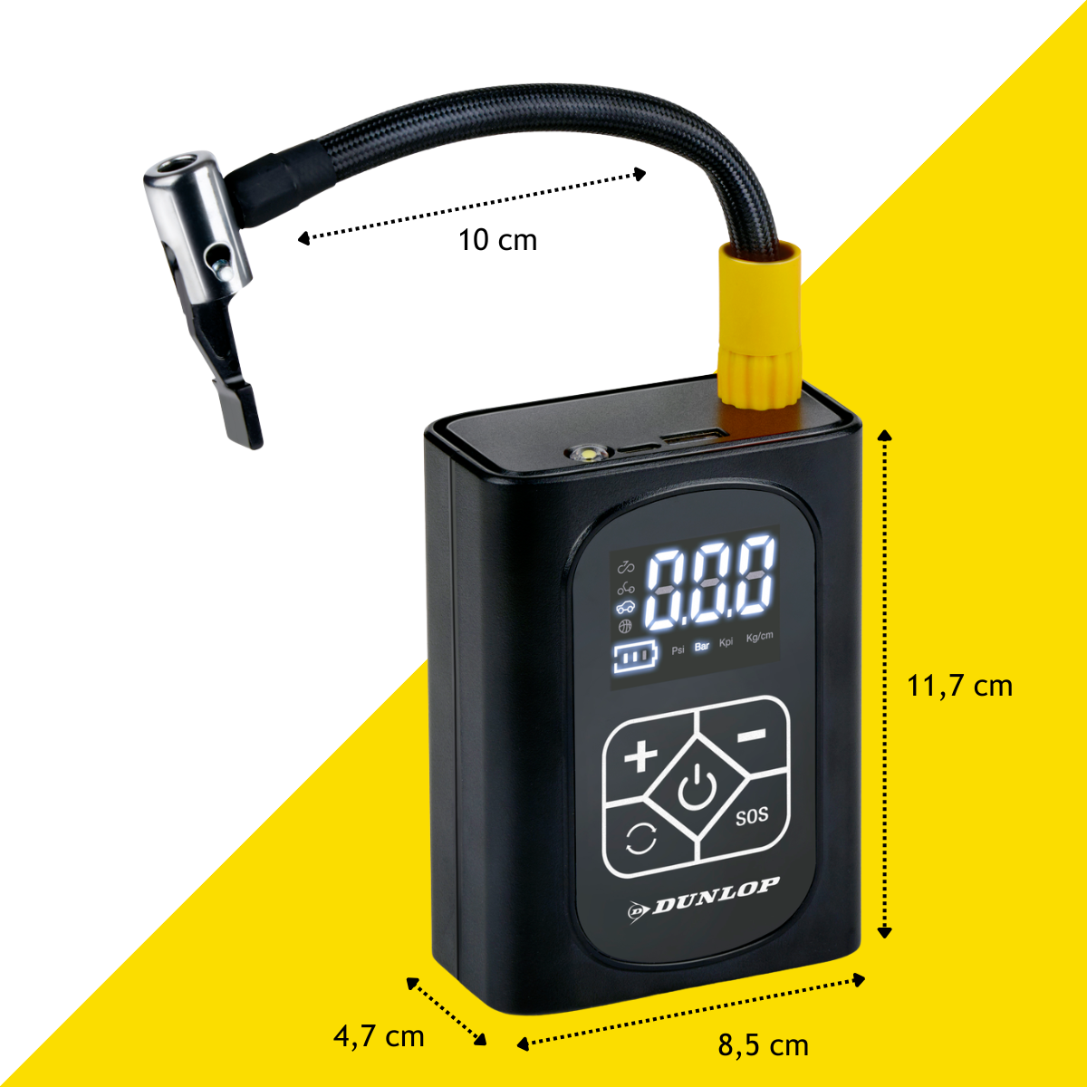Zwarte draagbare Dunlop luchtcompressor met digitaal display en slang.