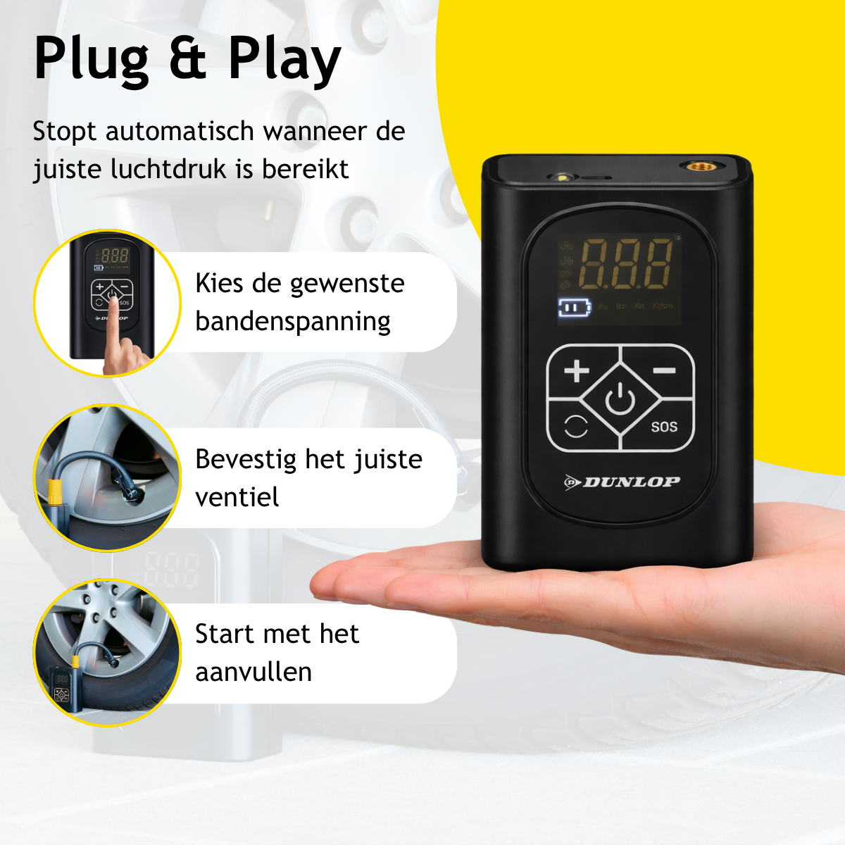 Hand houdt zwarte luchtpomp met display vast. Banden op achtergrond.