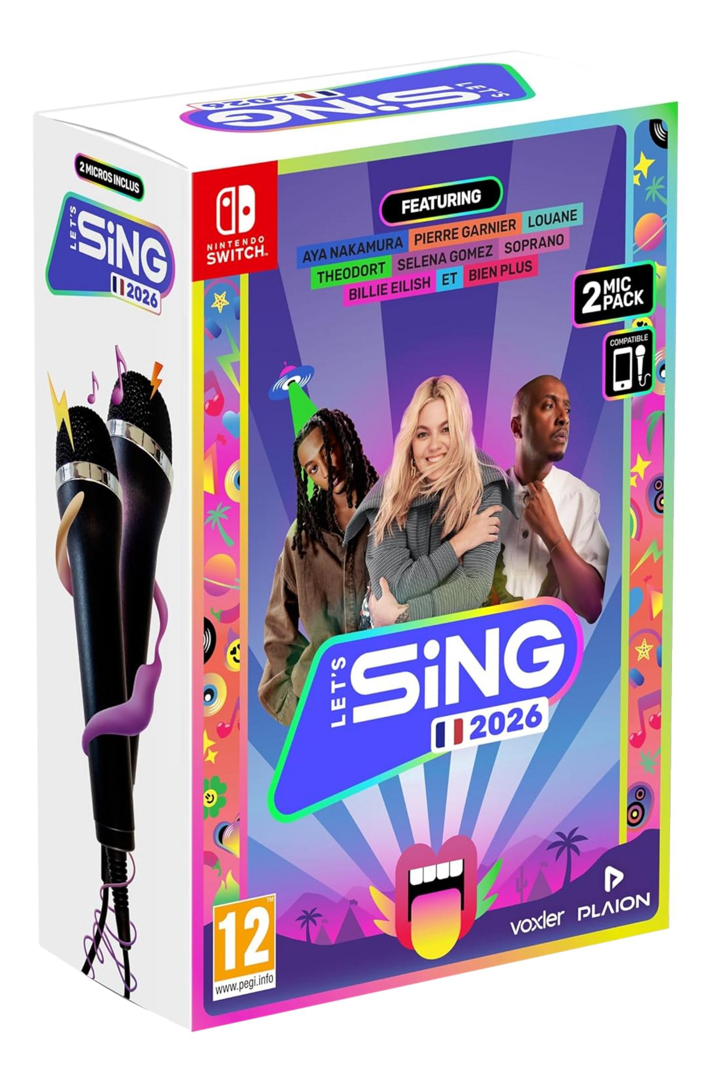 Copertina del gioco Let's Sing 2026 per Nintendo Switch con microfoni e artisti.