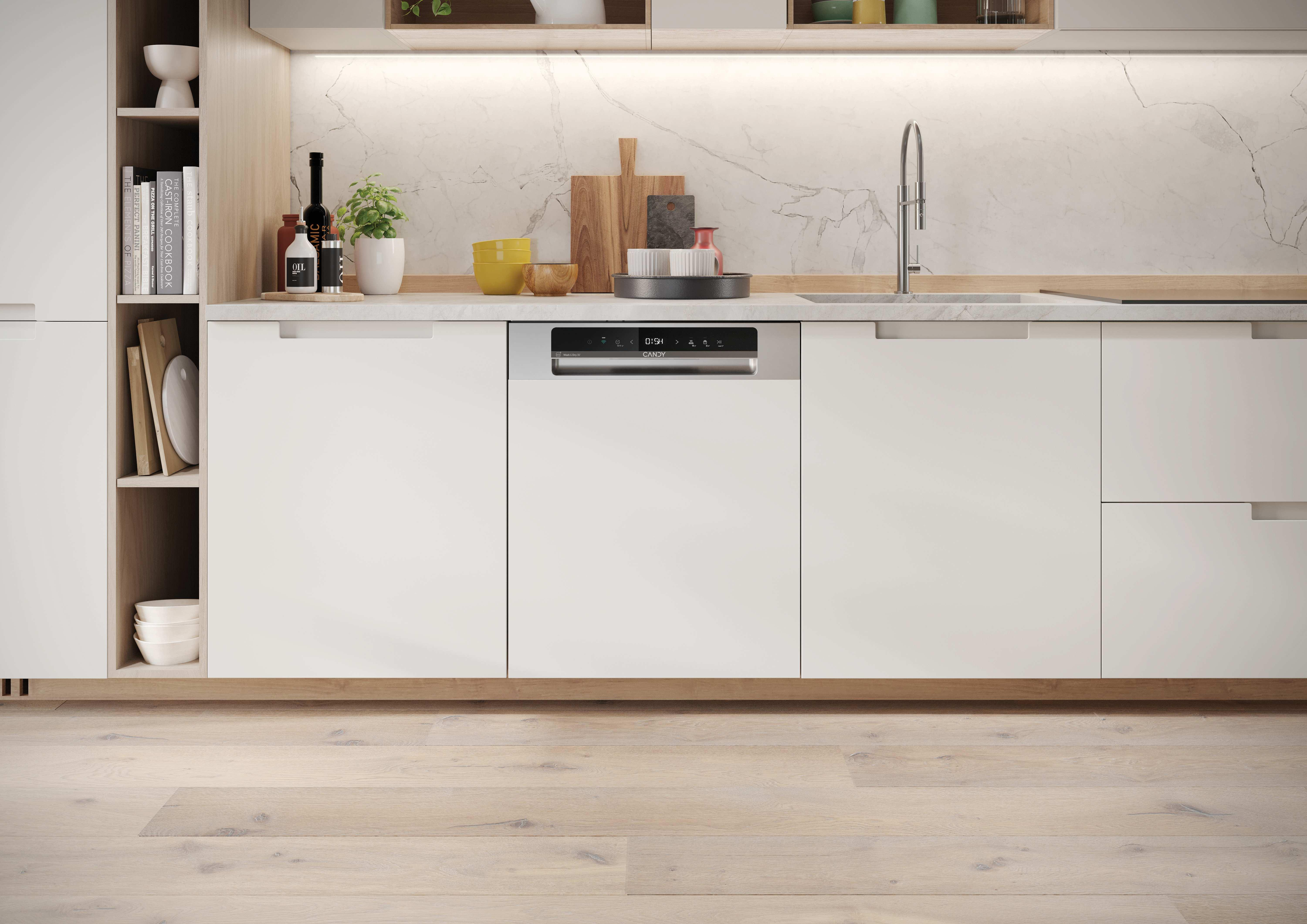 Cucina bianca moderna con lavastoviglie, paraschizzi in marmo e pavimento in legno.