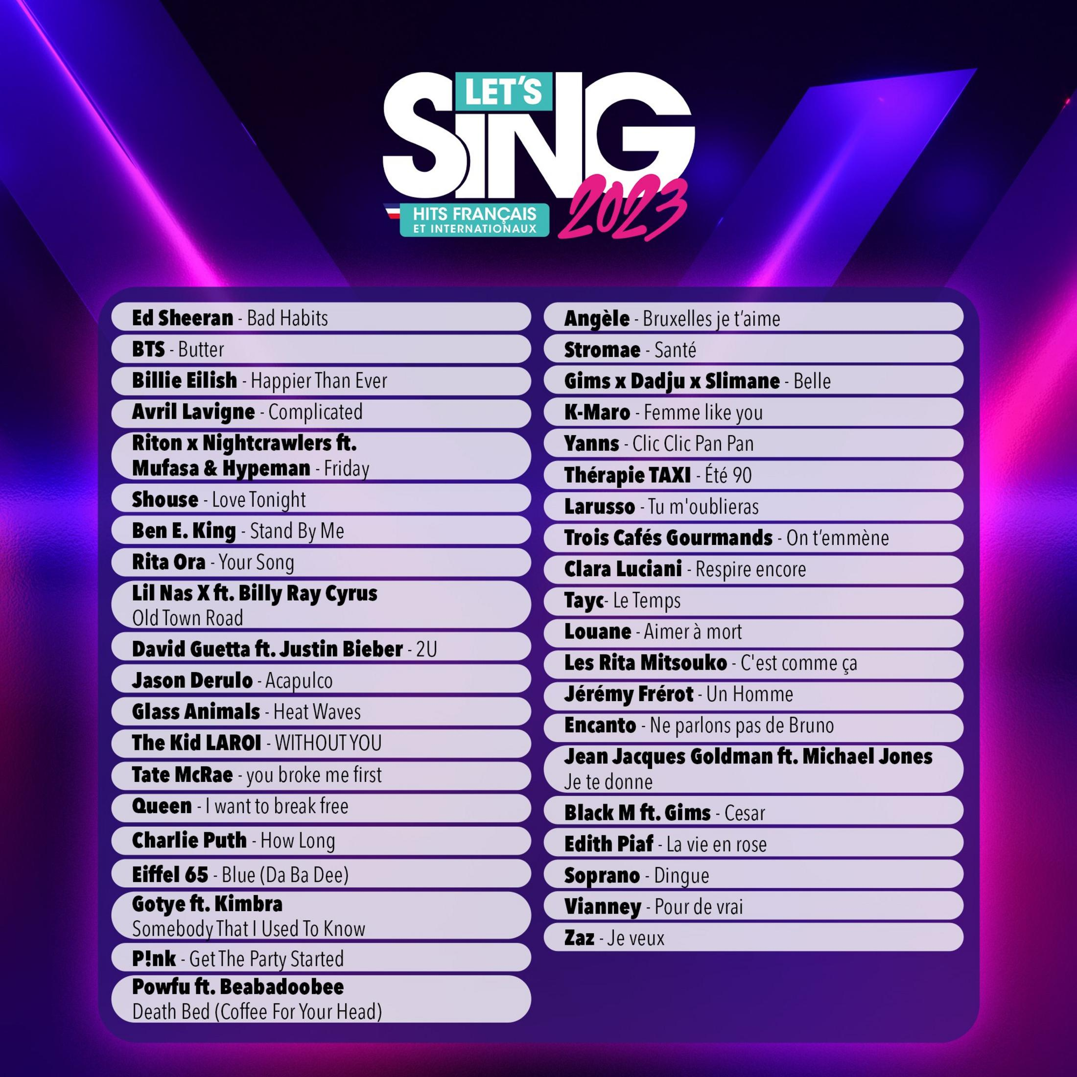 Un elenco di artisti e titoli di canzoni per Let's Sing 2023 su sfondo blu-viola.