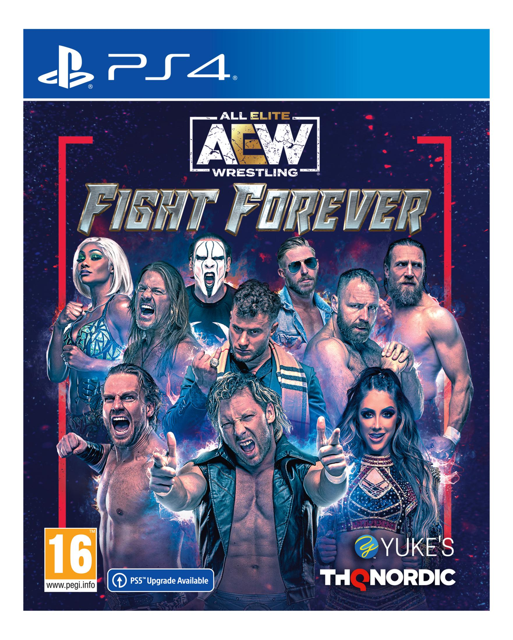 Portada del juego PS4 con luchadores de AEW, título 'Fight Forever', PEGI 16.