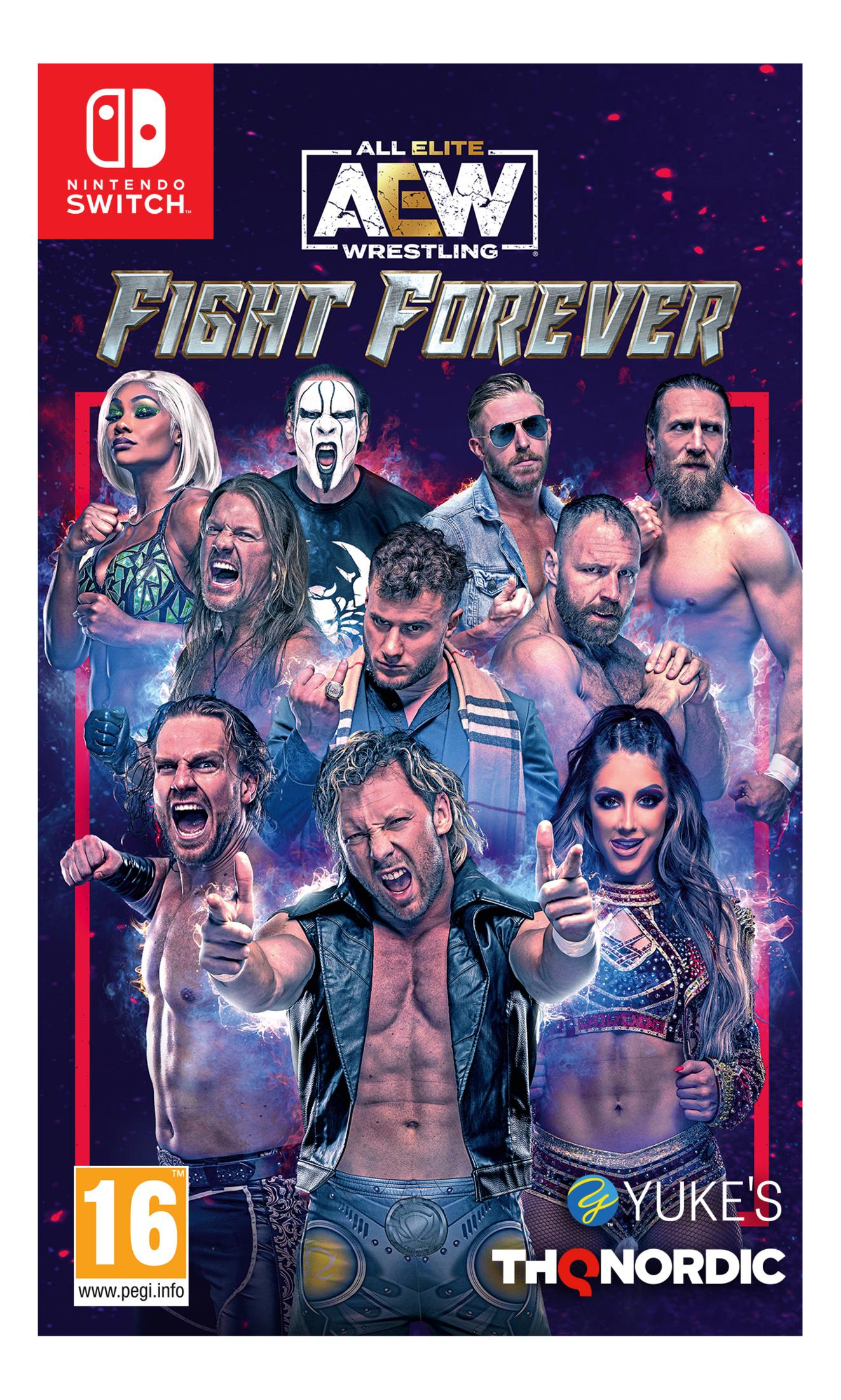 Okładka AEW Fight Forever na Nintendo Switch z wrestlerami, logo PEGI 16.