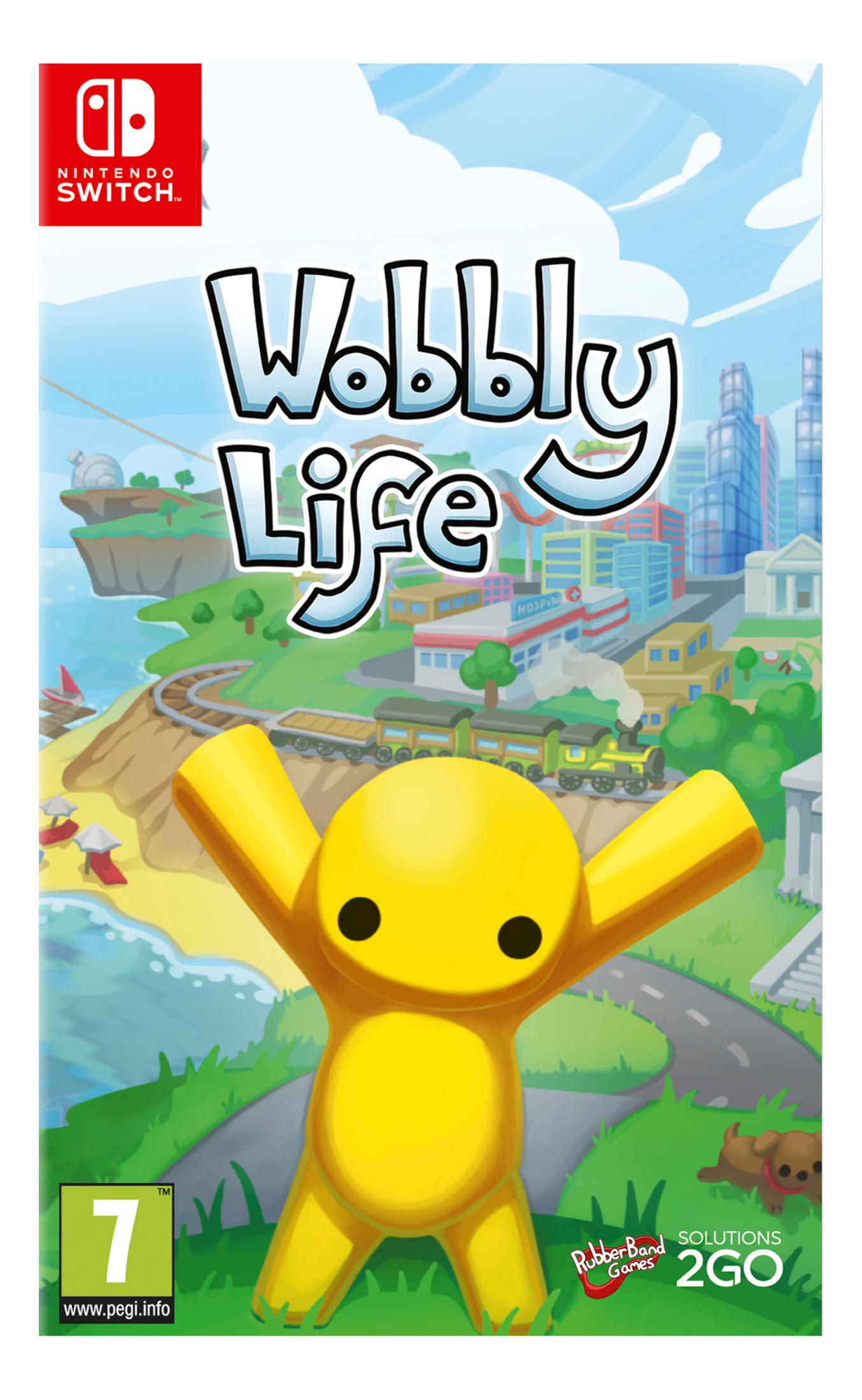 Personaje amarillo, tren, ciudad y mar en portada de juego Nintendo Switch.