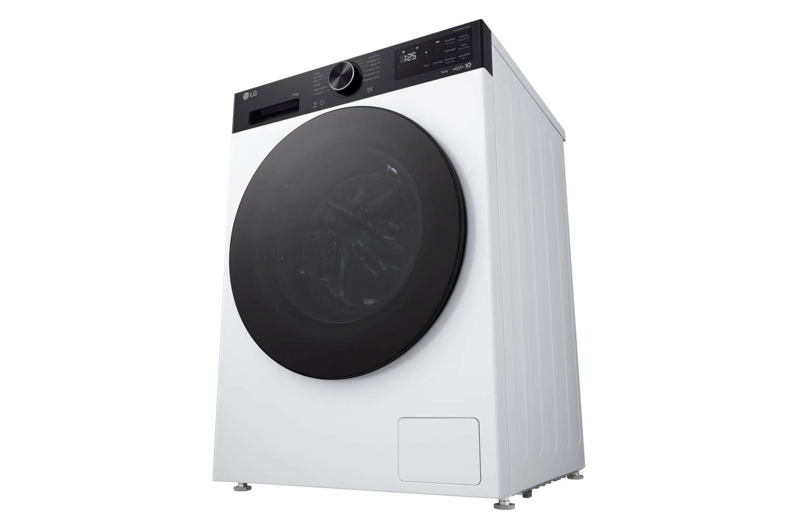 Lavatrice LG bianca con oblò nero e display digitale.