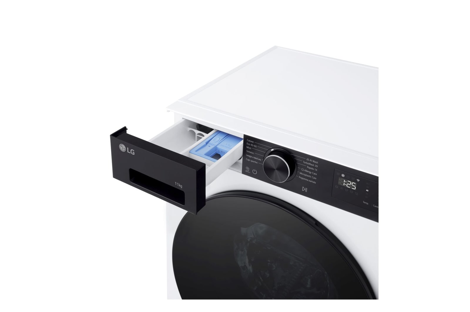 Una lavatrice LG bianca con il cassetto del detersivo aperto, che mostra uno scomparto blu.