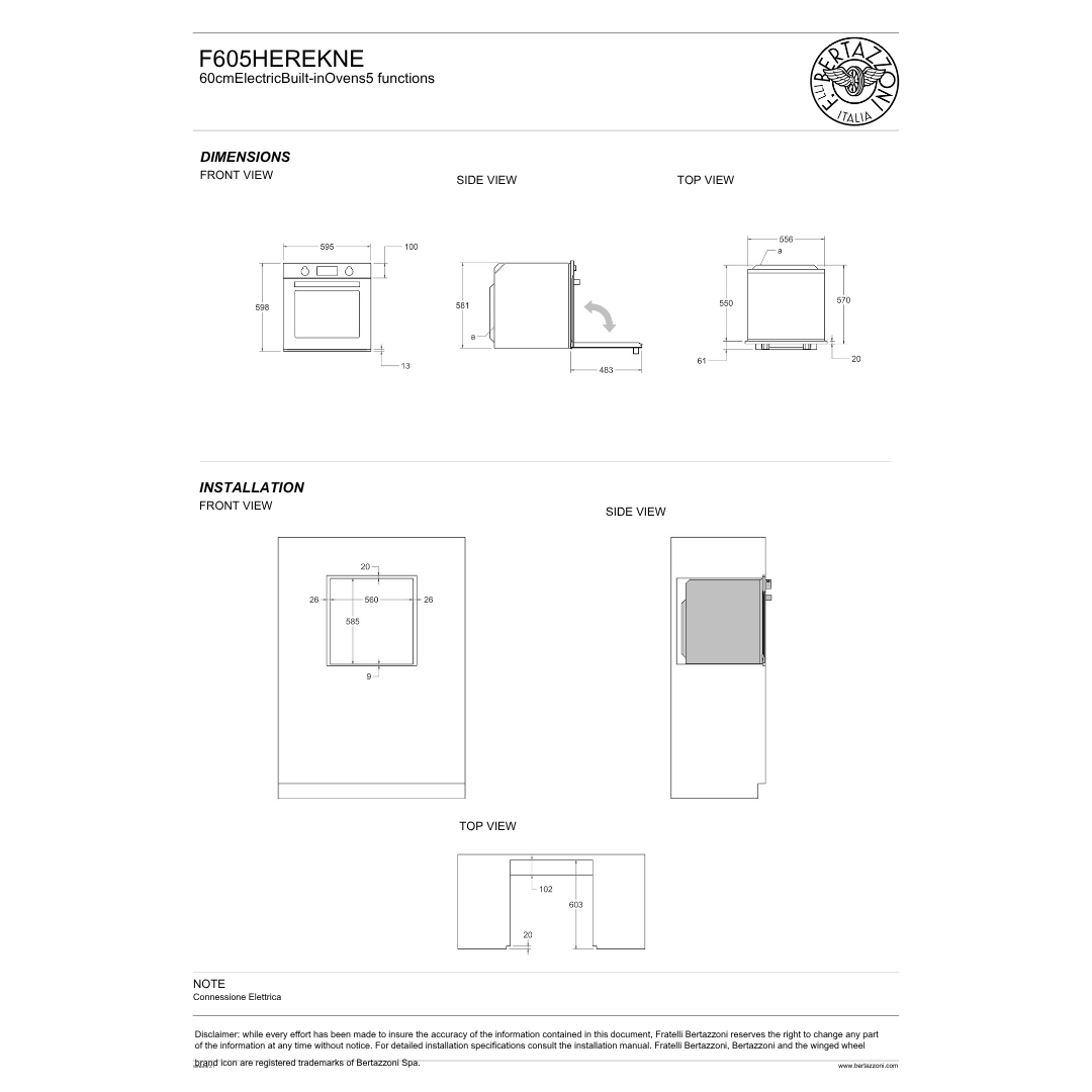 Disegni tecnici di un forno Bertazzoni F605HEREKNE con dimensioni.