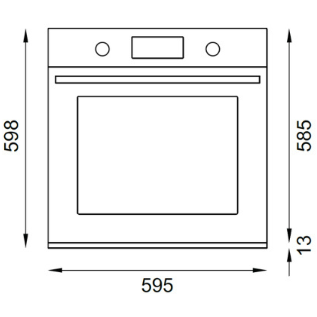 Un disegno tecnico di un forno da incasso con dimensioni.