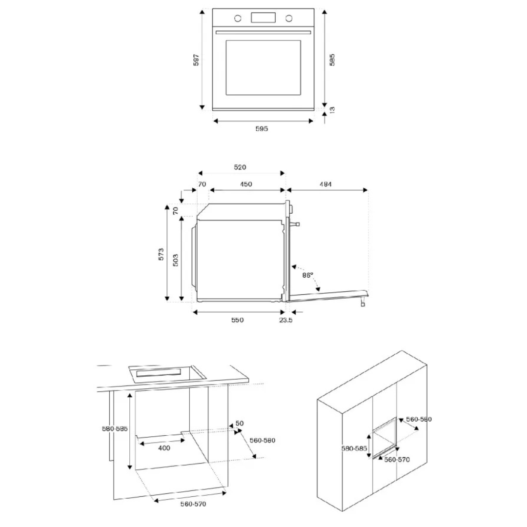 Disegno tecnico di un forno da incasso con dimensioni.