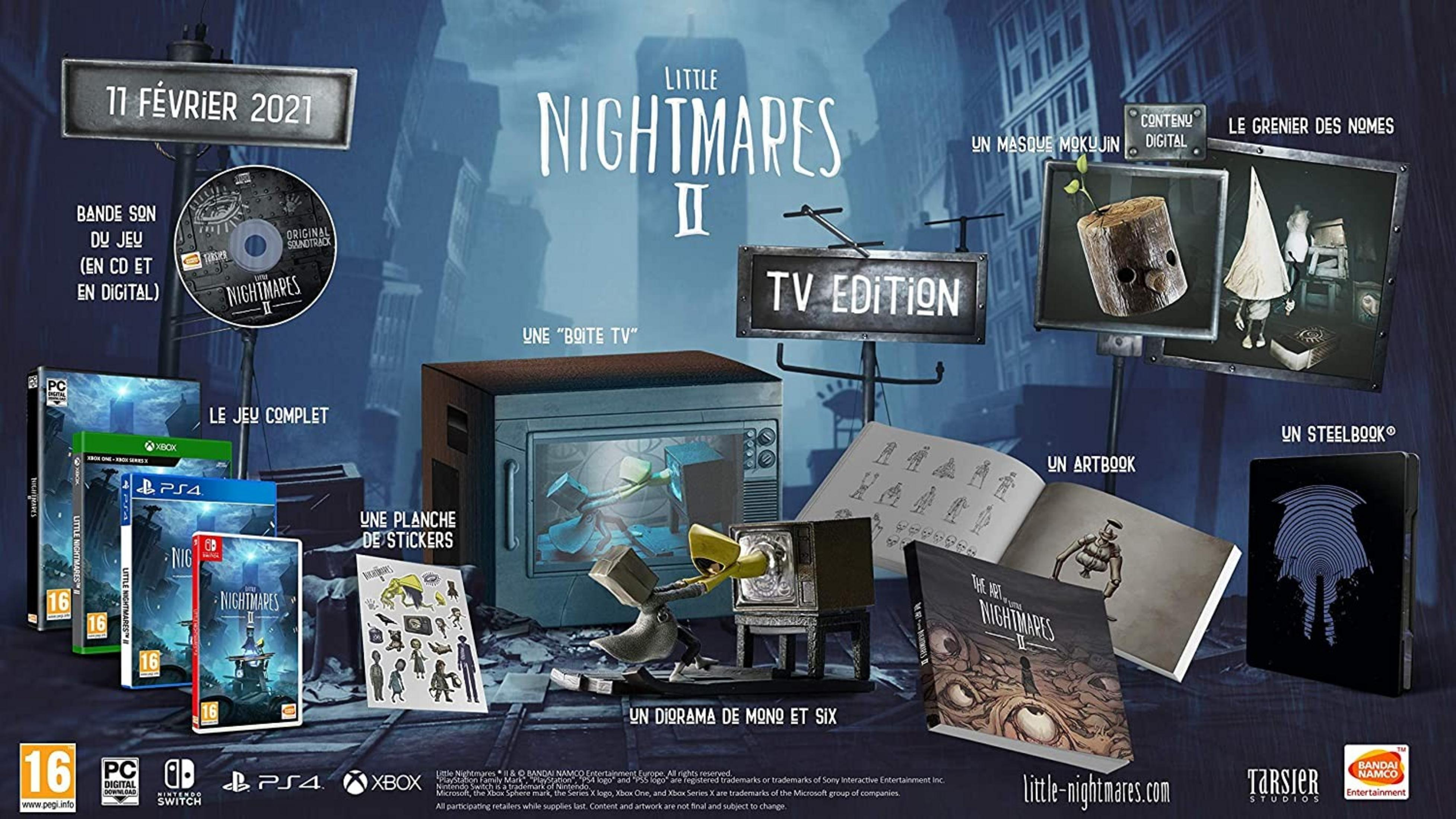 Little Nightmares II Bundle zeigt Spiele, Soundtrack-CD, Masken-Figur, Artbook, Steelbook & Sticker.