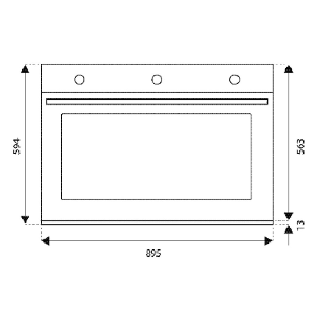 Disegno tecnico di un forno da incasso misure 895x594x563mm.