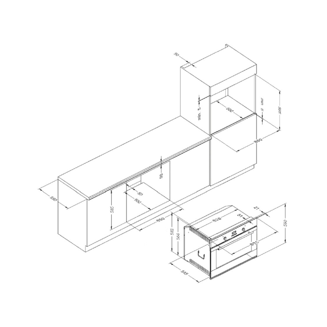 Disegno tecnico di un mobile da cucina con dimensioni, incluso un forno.
