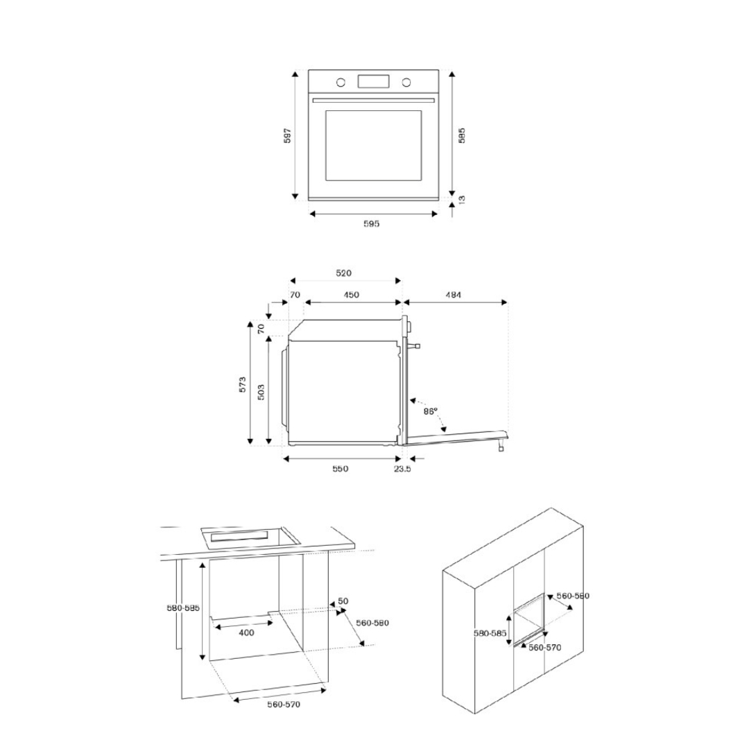Disegno tecnico di un forno da incasso con dimensioni e dettagli di installazione.
