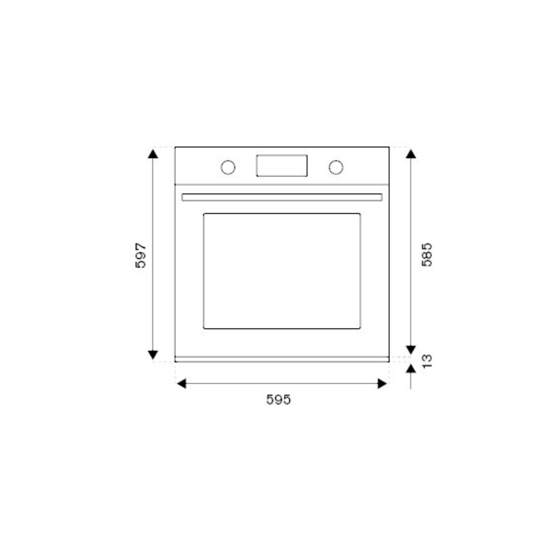 Disegno tecnico di un forno da incasso bianco con dimensioni.