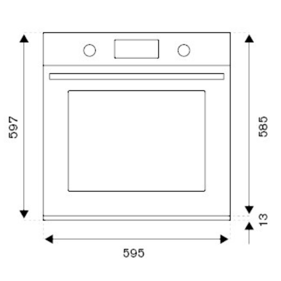 Disegno tecnico di un forno da incasso con dimensioni: 597x595x585 mm.