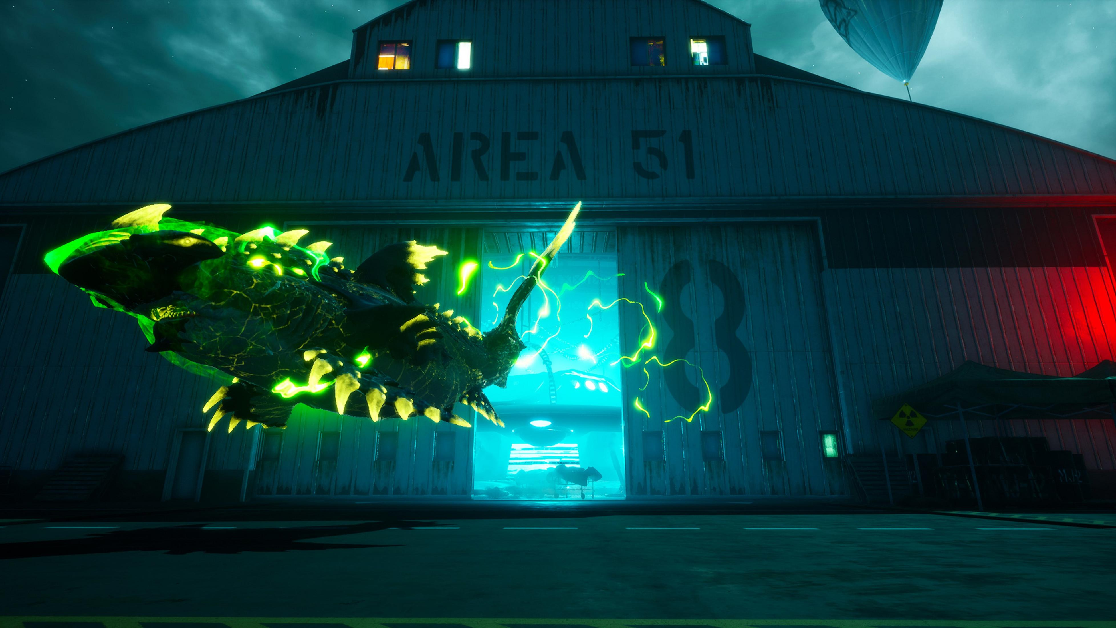 Un mostro verde brillante fluttua davanti a un hangar etichettato AREA 51.