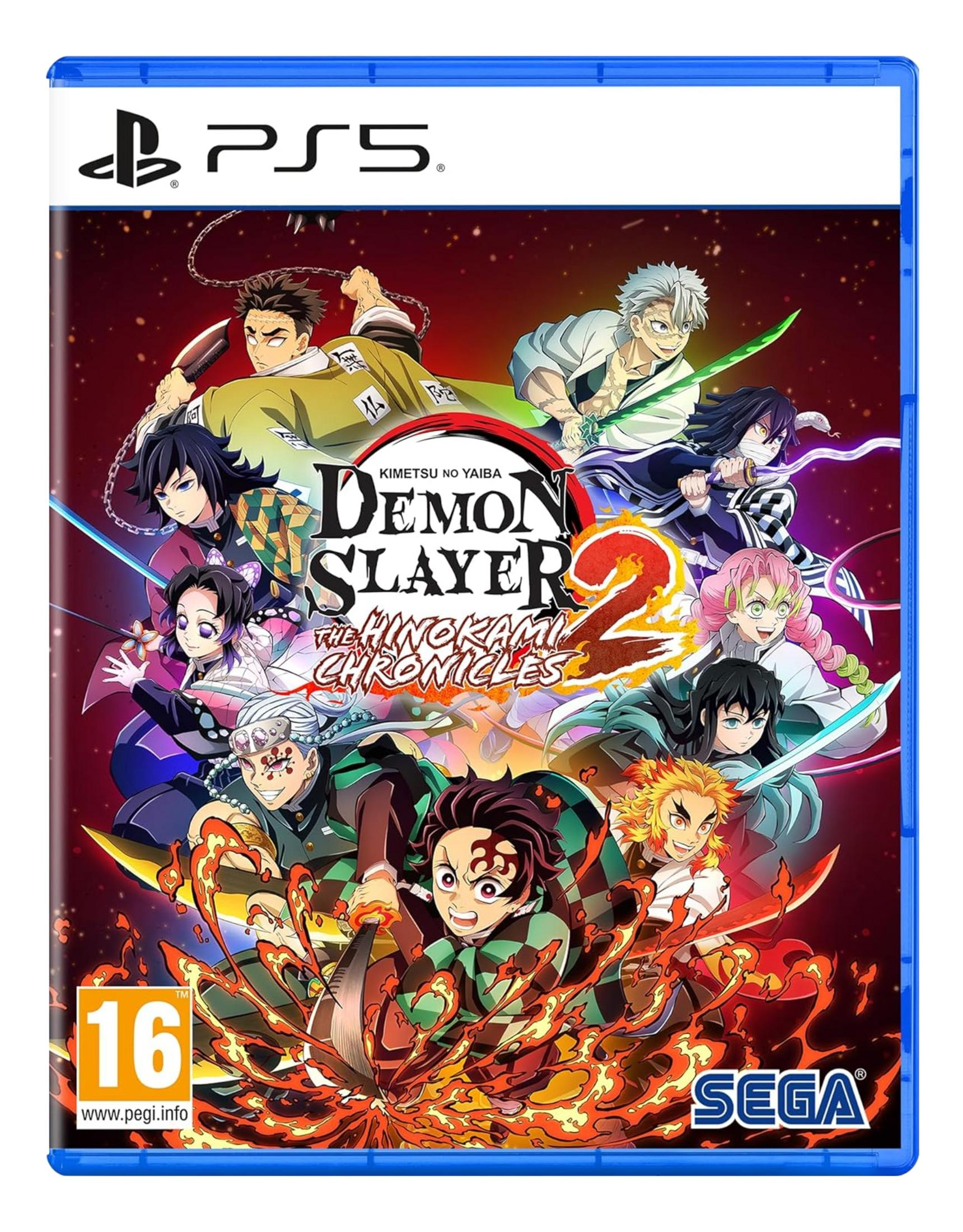 Copertina gioco PS5 con personaggi anime, fiamme e il titolo 'Demon Slayer 2'