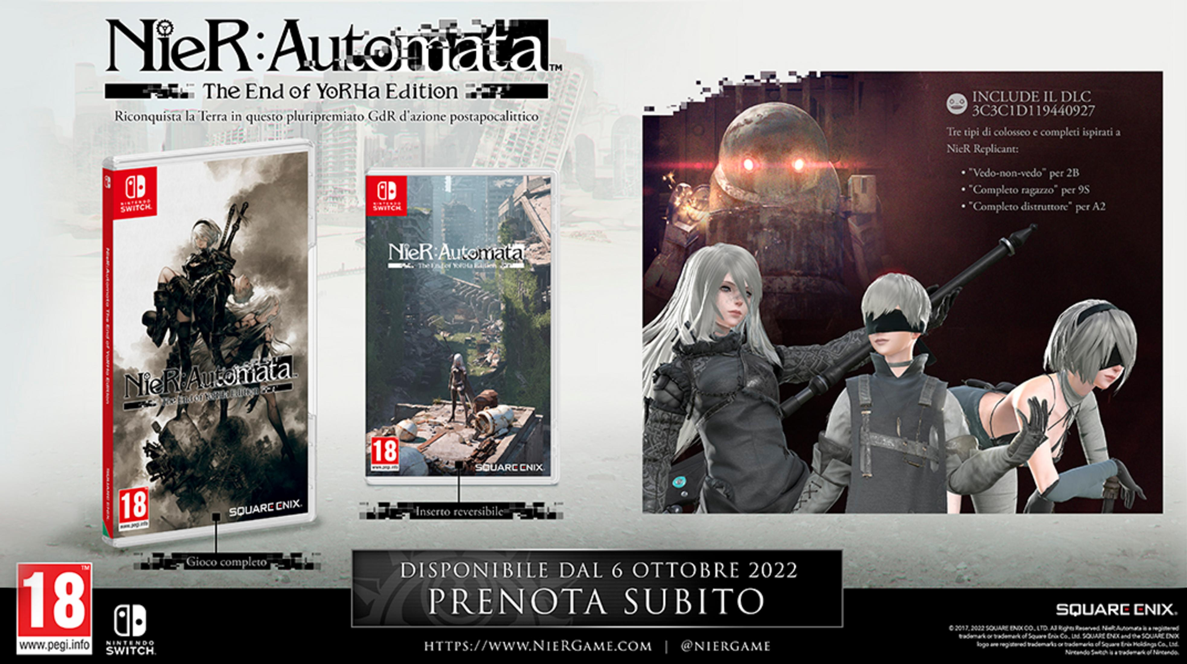 Anuncio del juego NieR: Automata para Nintendo Switch, con tres personajes y carátulas.