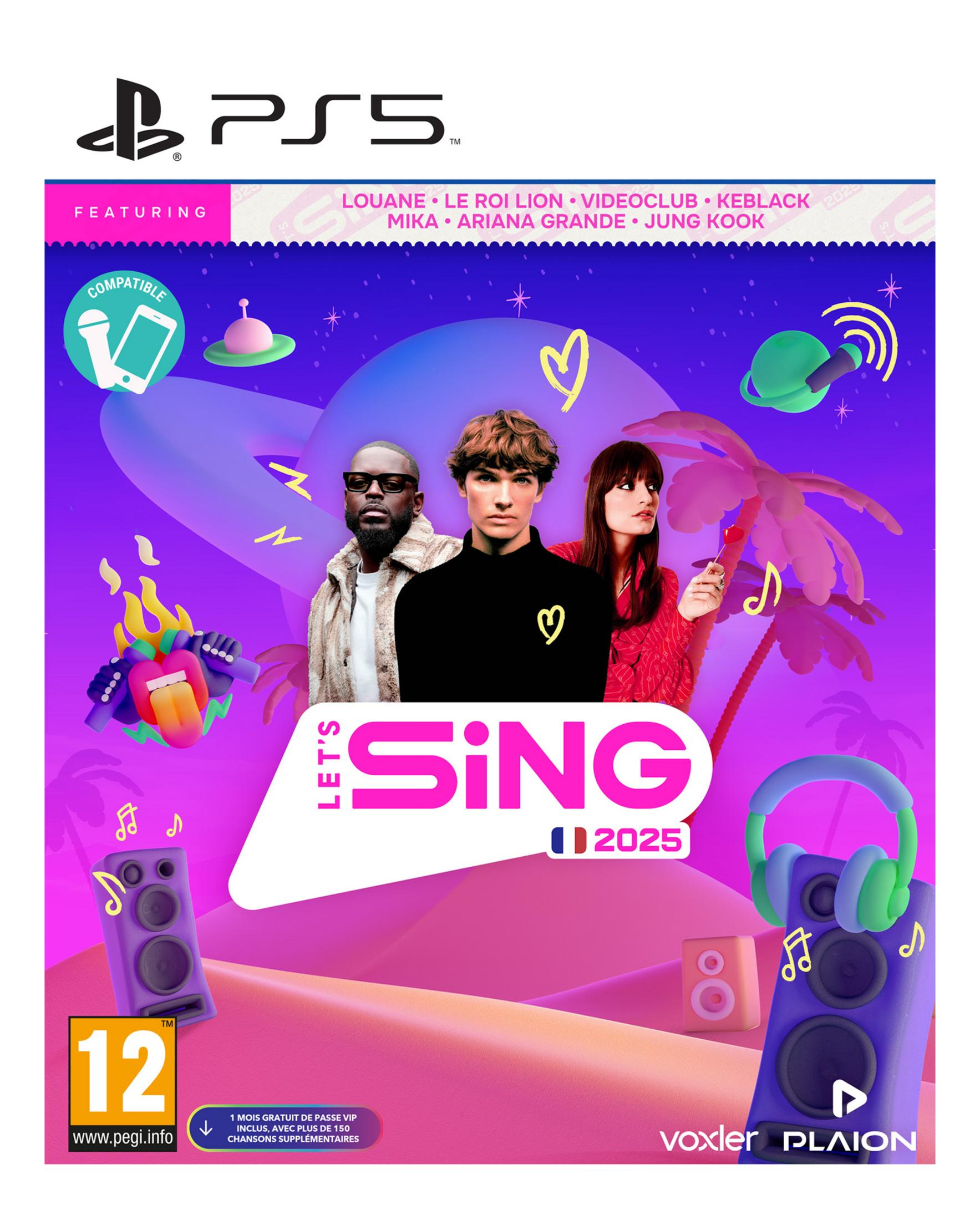 Gioco PS5 "Let's Sing 2025" con artisti, microfoni, cuffie e altoparlanti.