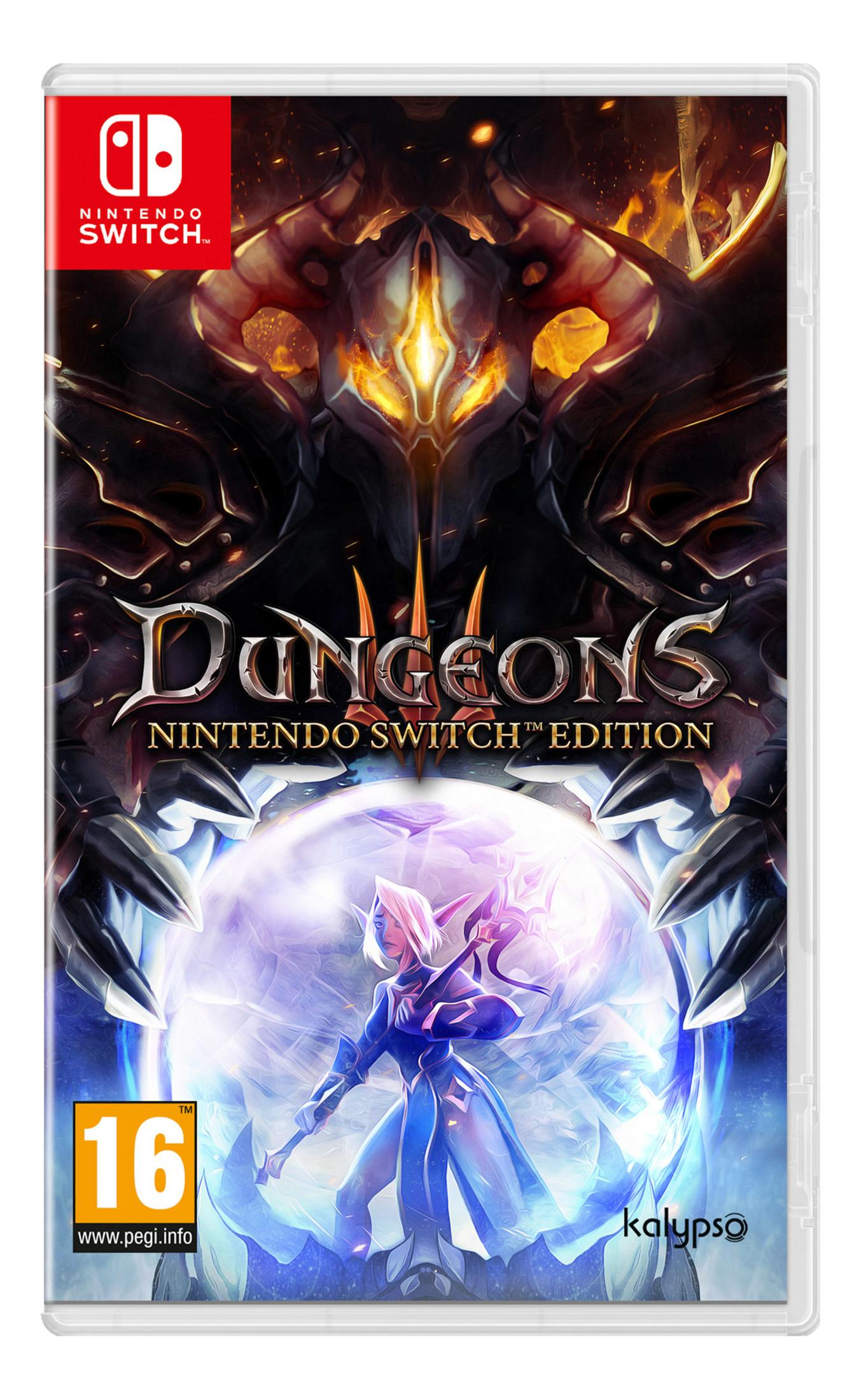 Copertina di Dungeons Nintendo Switch Edition con un demone e una maga davanti a un globo di cristallo.