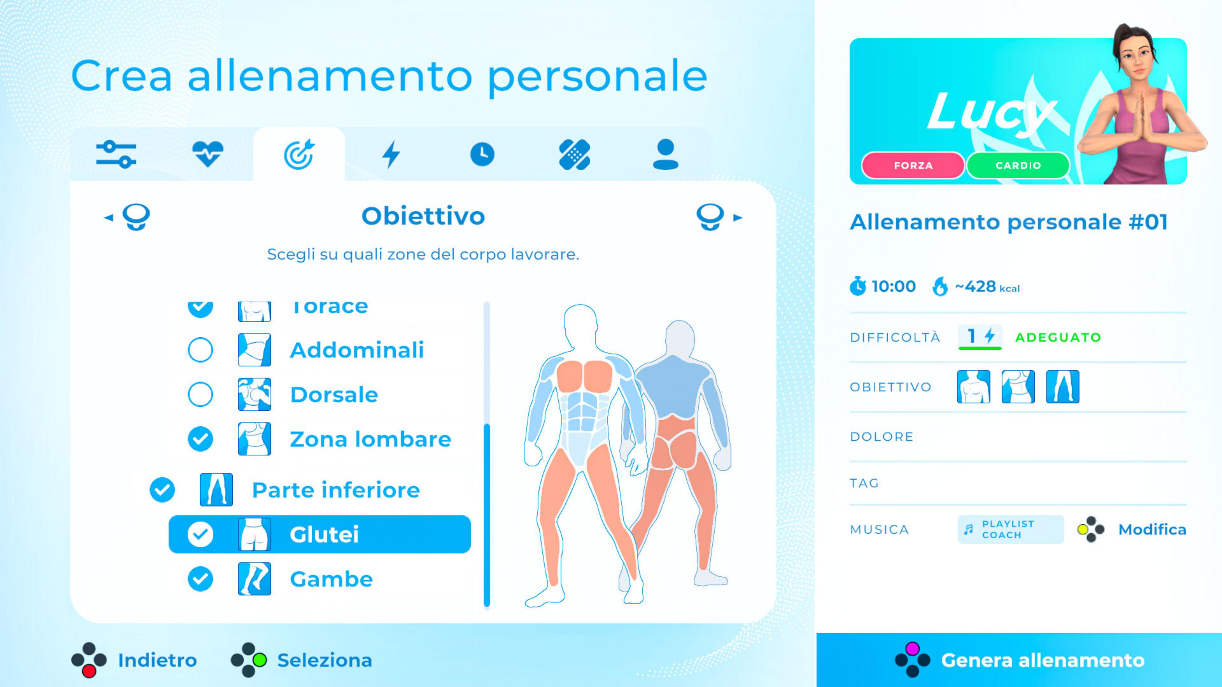 Application de fitness : sélection des objectifs d'entraînement comme pectoraux, abdos, fessiers.