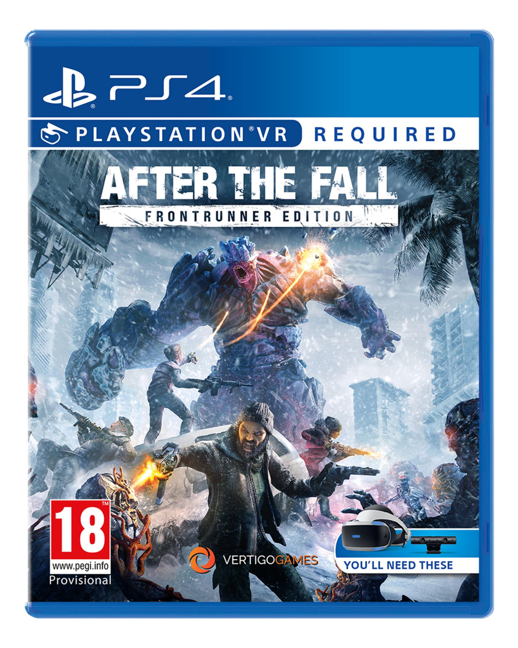 Okładka gry PS4: "After the Fall". Wojownicy walczą z potworem w zimowym mieście. Wymagany VR.