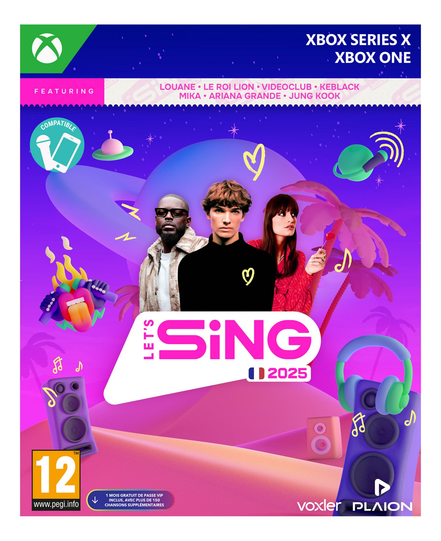 Copertina di Let's Sing 2025 per Xbox con tre cantanti, microfoni e cuffie.