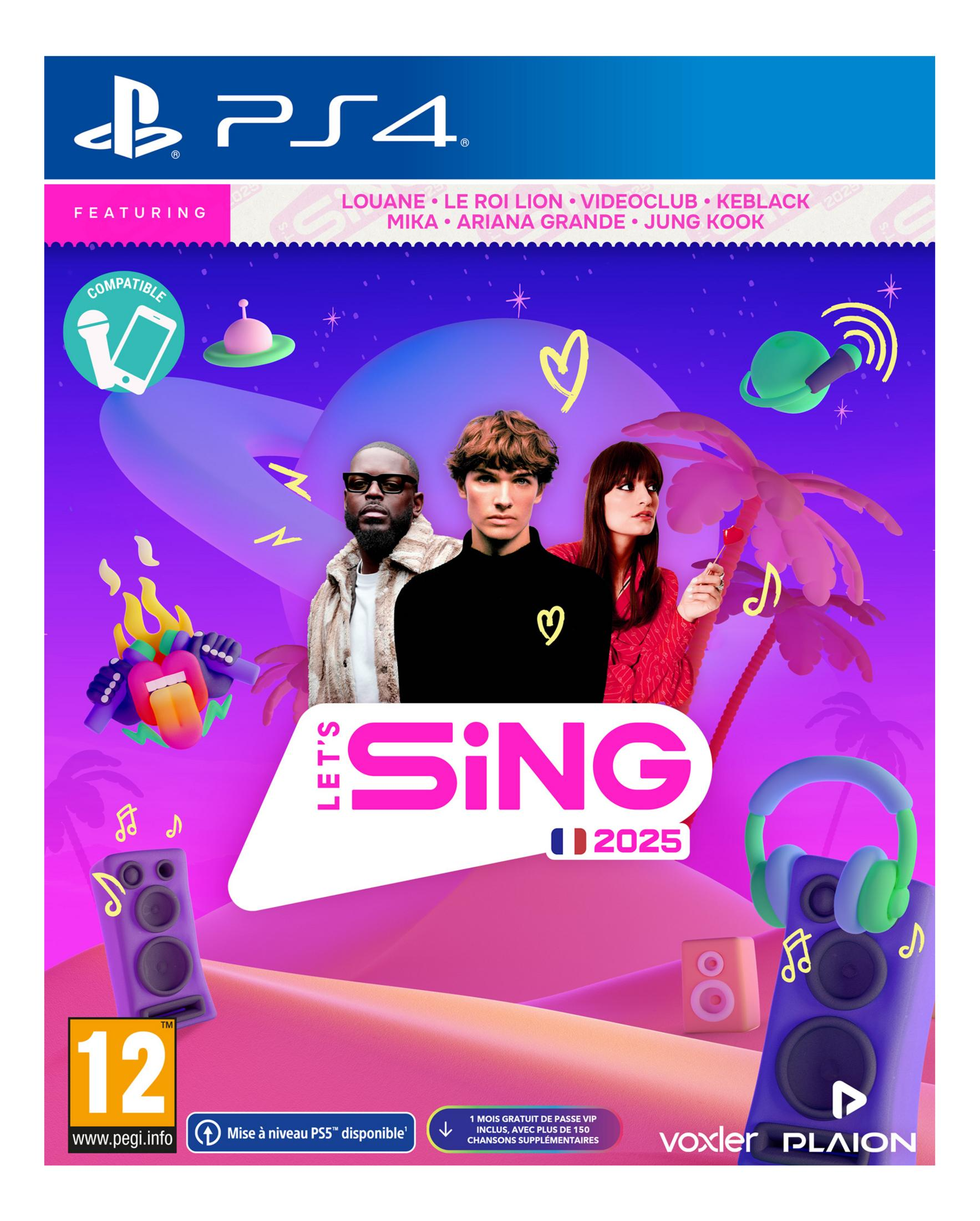 Copertina di Let's Sing 2025 con tre cantanti, cuffie e altoparlanti.