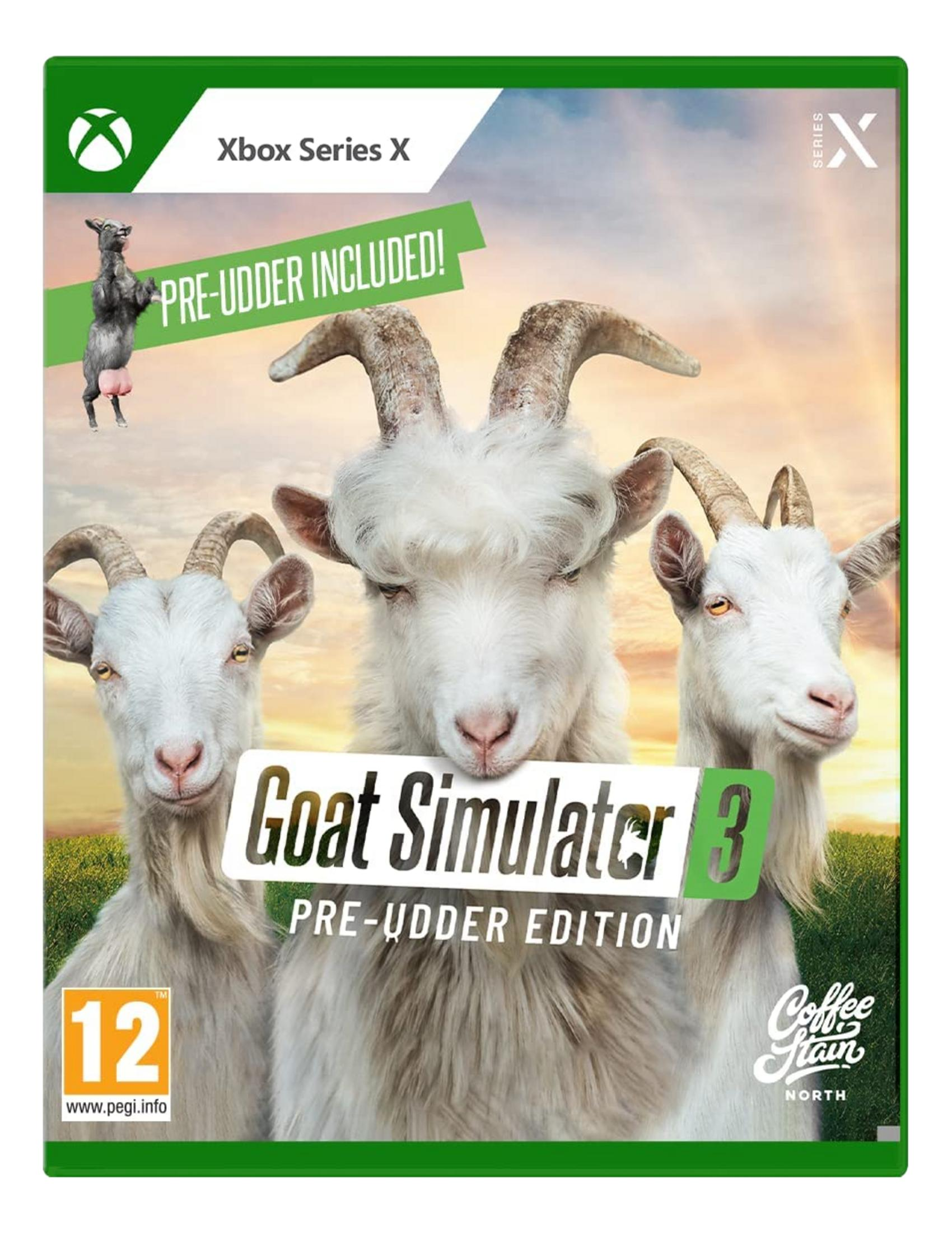 Copertina di Goat Simulator 3 con tre capre e logo Xbox Series X.