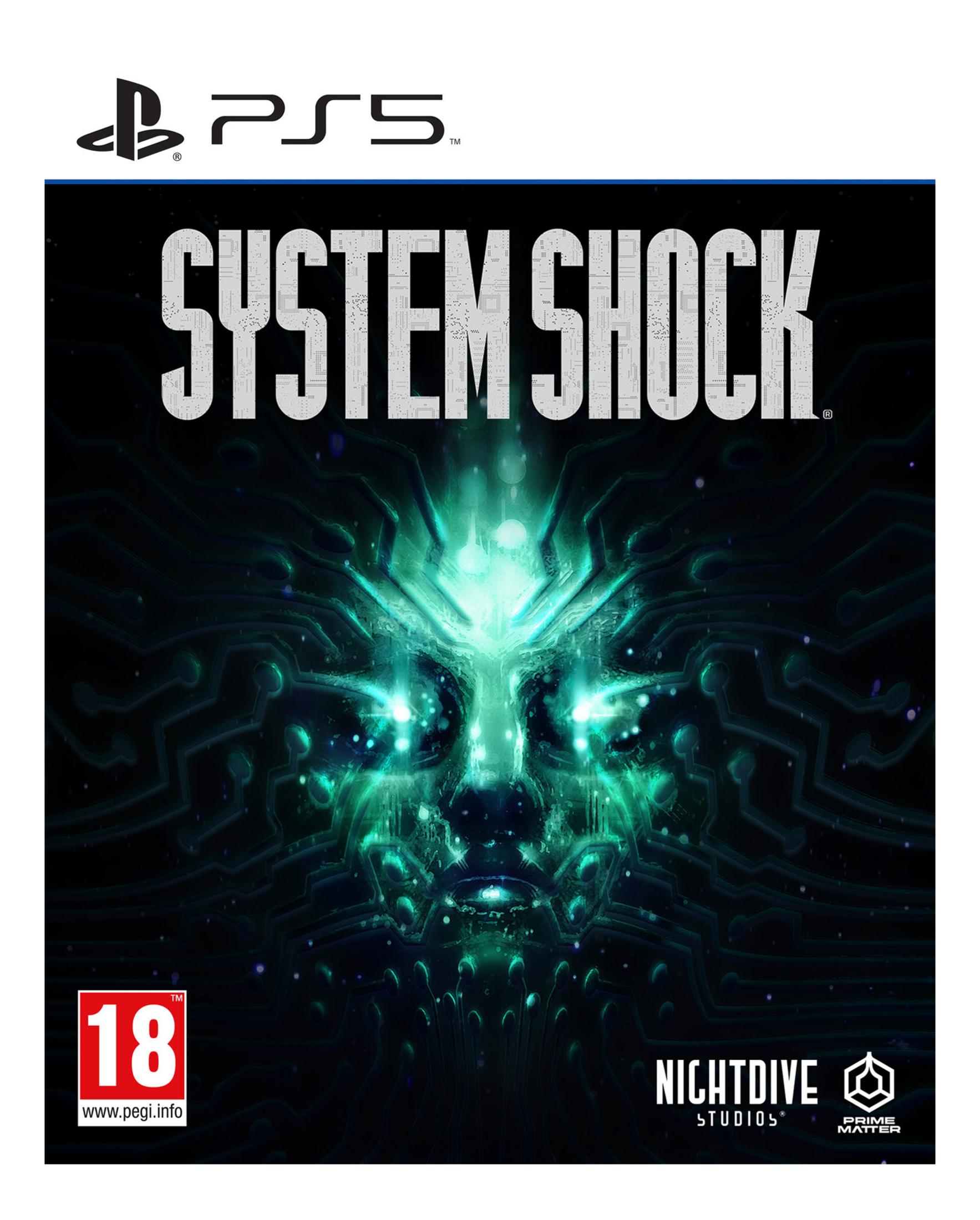 Copertina gioco PS5 'System Shock' con testa verde e motivo a circuito.