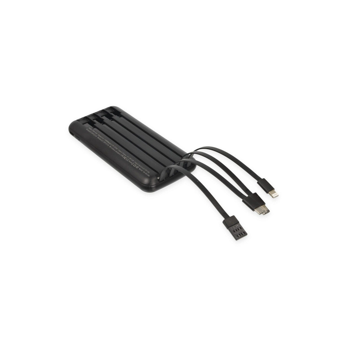 Entegre kablolu siyah powerbank: USB-C, Micro-USB ve Lightning.