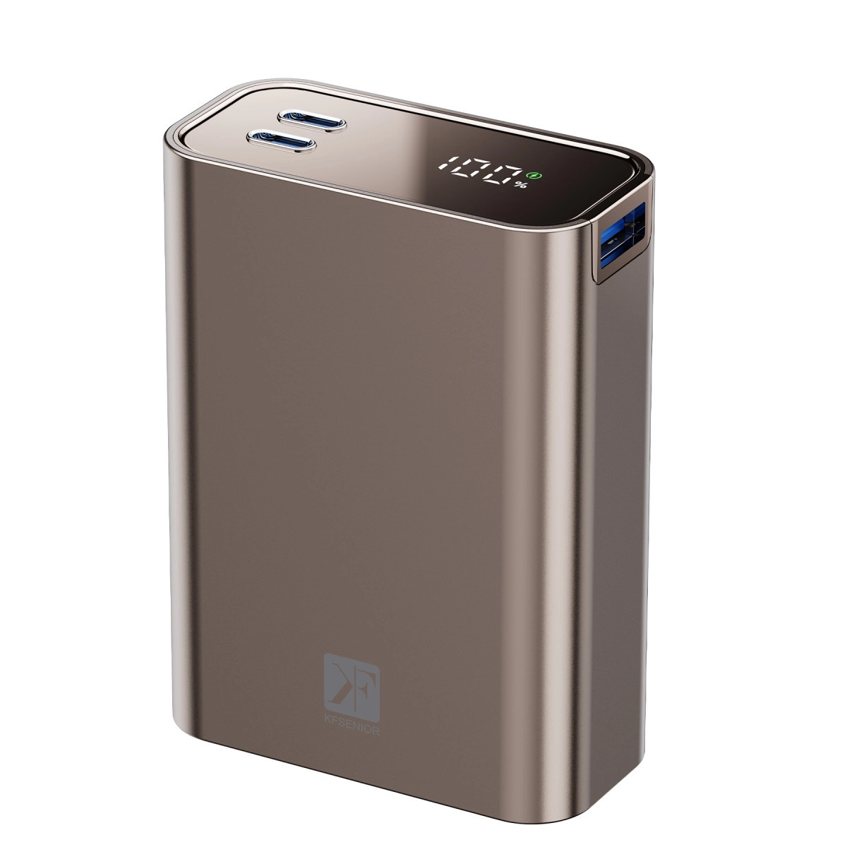 Şarjı %100 olan bronz renkli bir powerbank, iki USB bağlantı noktası.