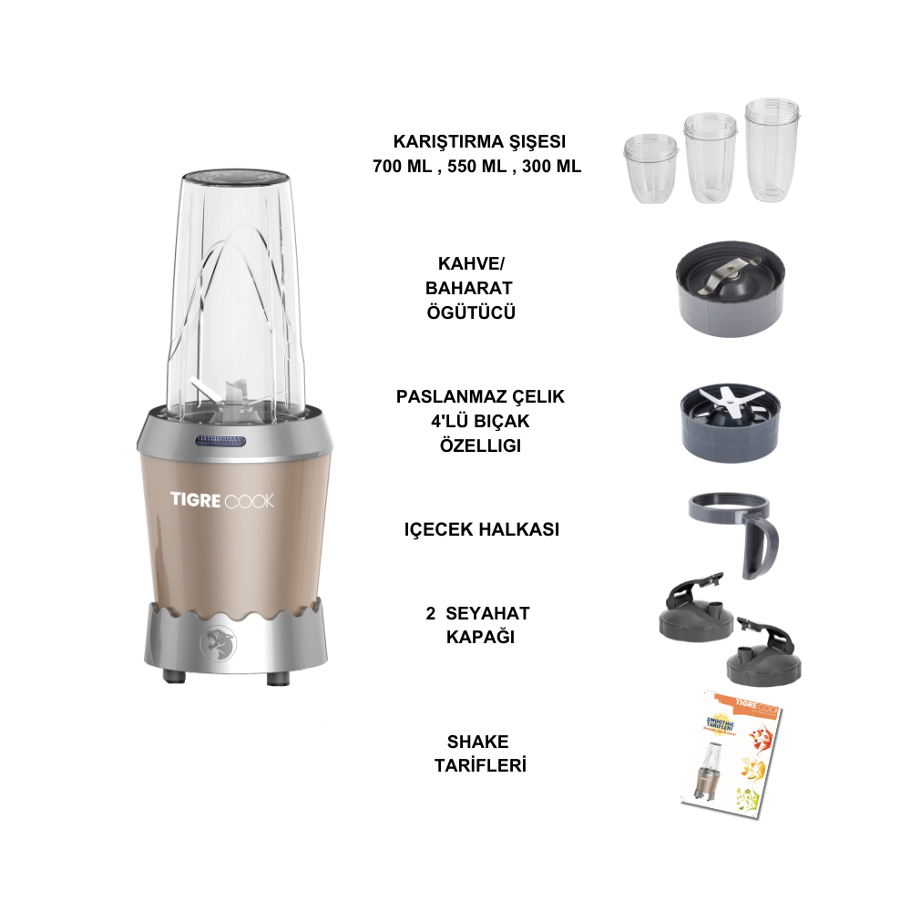 Bardaklı, bıçaklı, saplı ve tarif kitaplı bir blender.