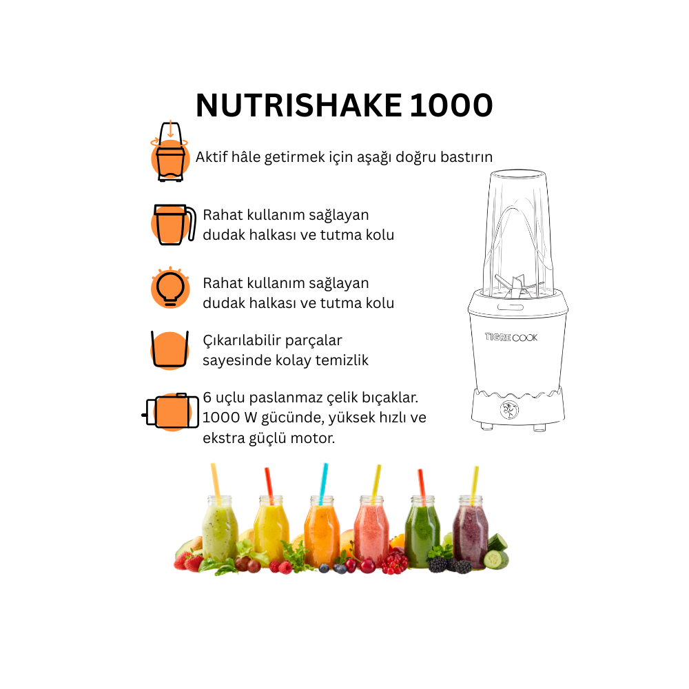 Altı meyve suyu ve ürün özelliklerine sahip Nutrishake 1000 blender.