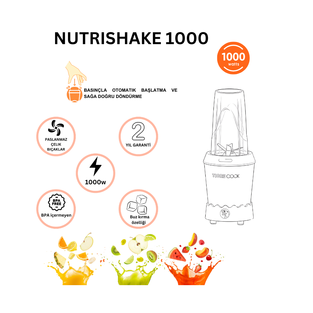 Nutrishake 1000 paslanmaz çelik bıçaklı, 1000W, BPA'sız, buz kırma özellikli.