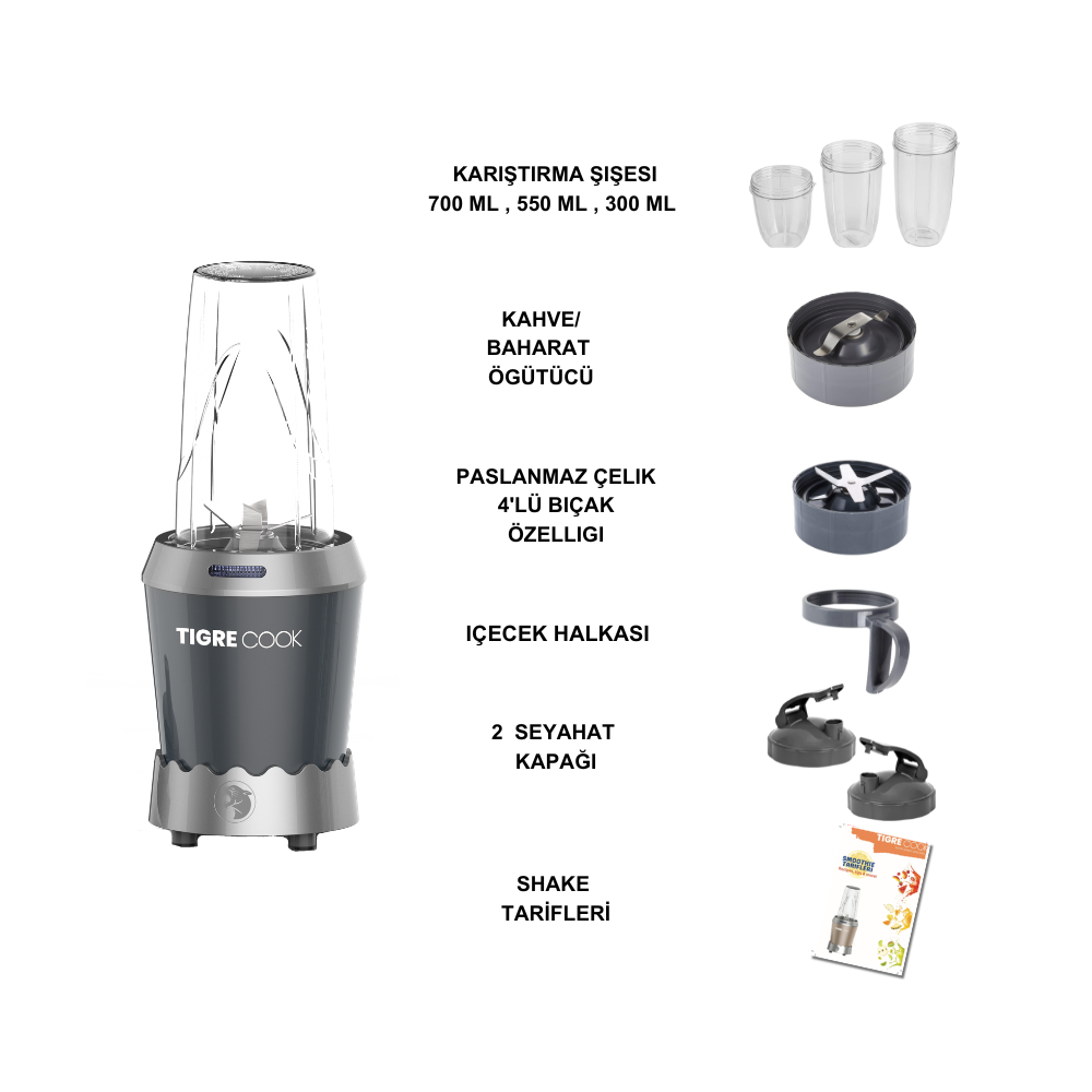 Aksesuarli koyu renk blender: bardaklar, bıçaklar, kapaklar, tarif kitabı.