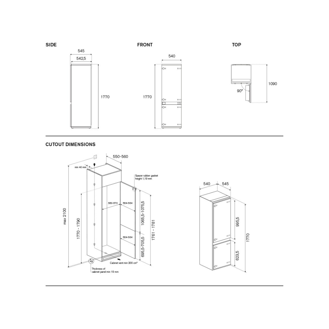 Disegno tecnico di un frigorifero con dimensioni e dettagli di ritaglio.