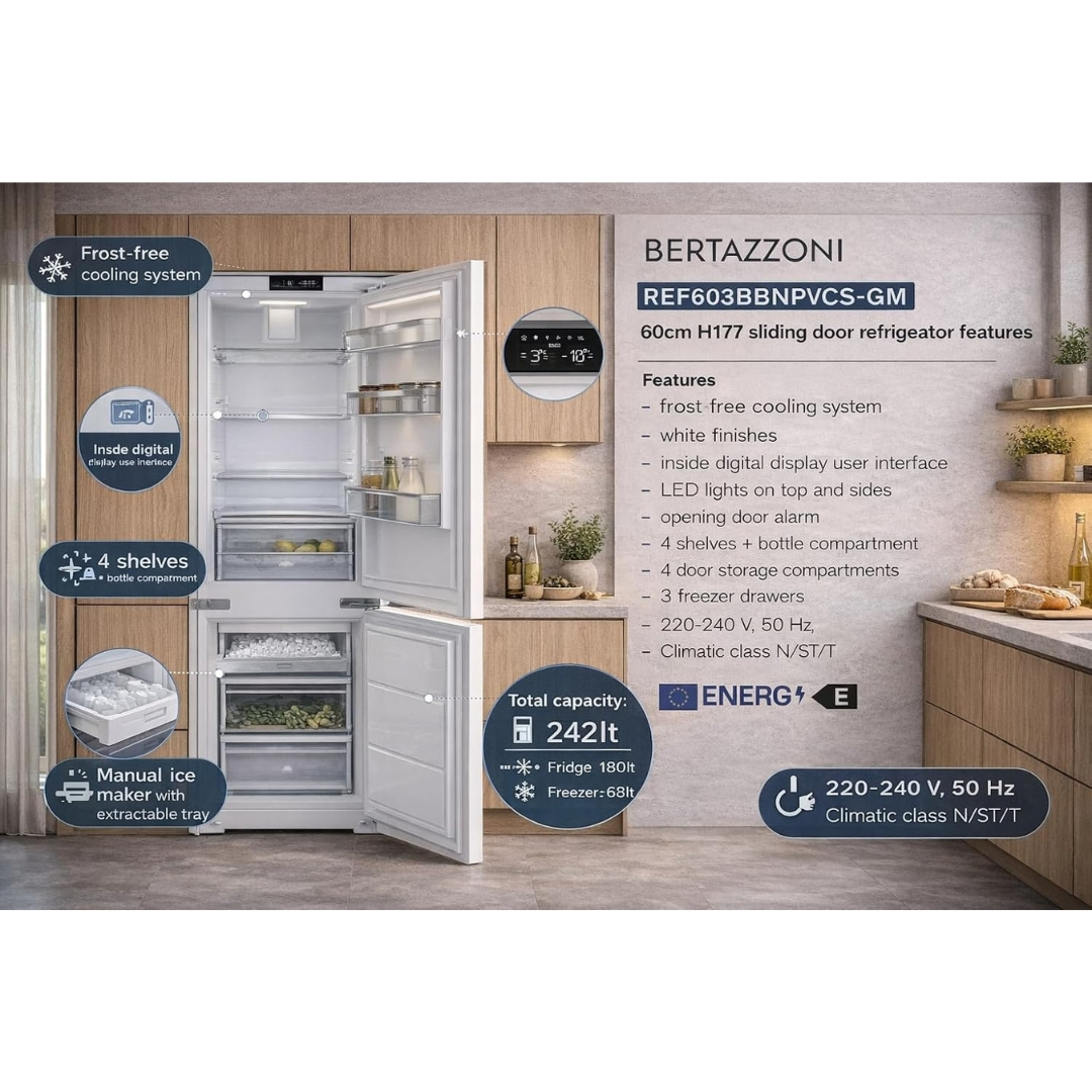Un frigorifero Bertazzoni da 242l, con raffreddamento No Frost e display digitale.