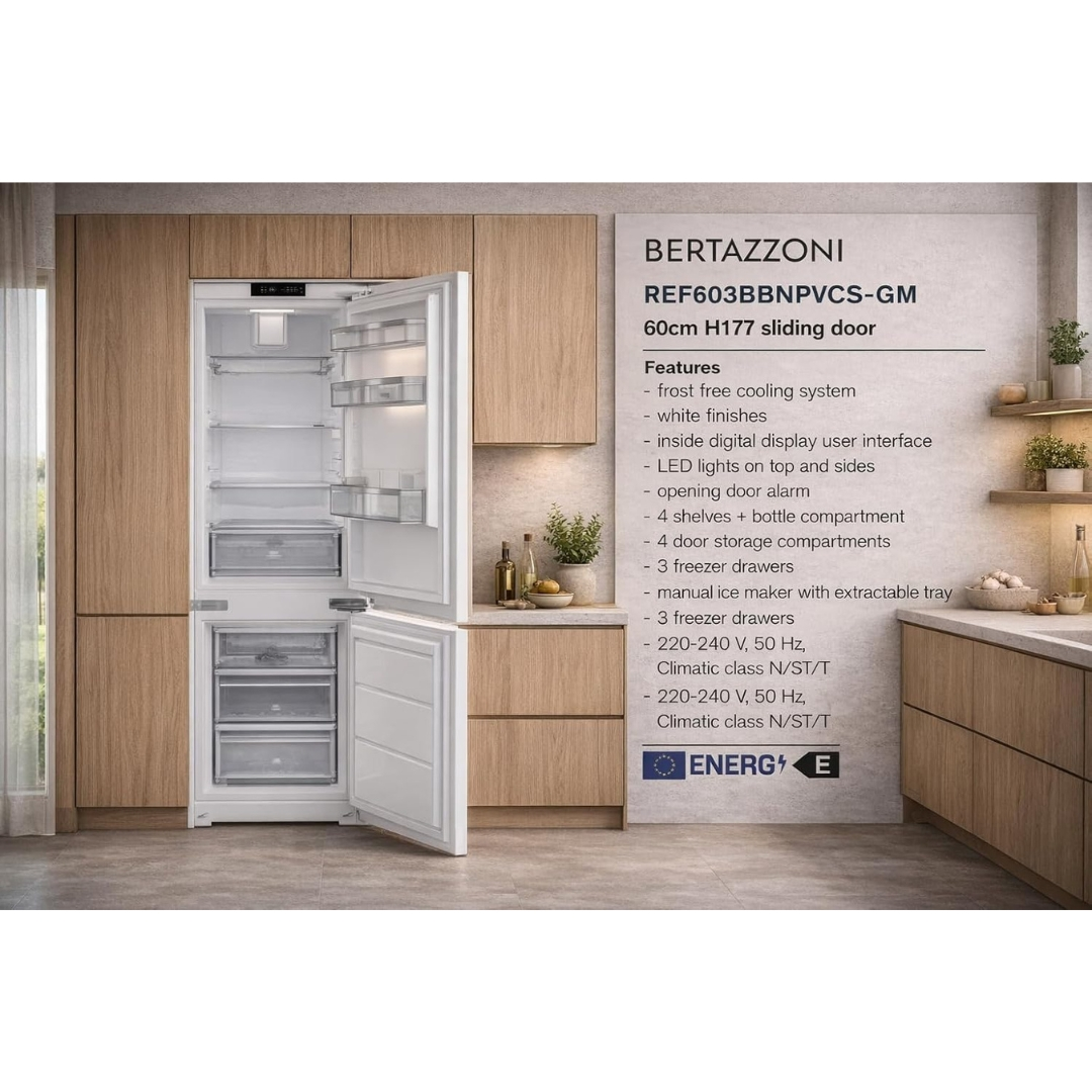 Un frigorifero Bertazzoni bianco aperto con mobili in legno. Classe energetica E.