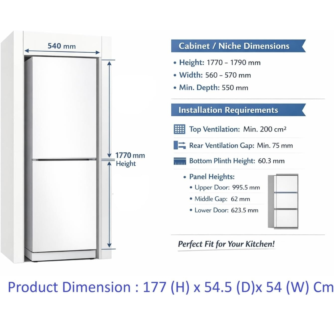 Un frigorifero bianco con dimensioni e requisiti di installazione.