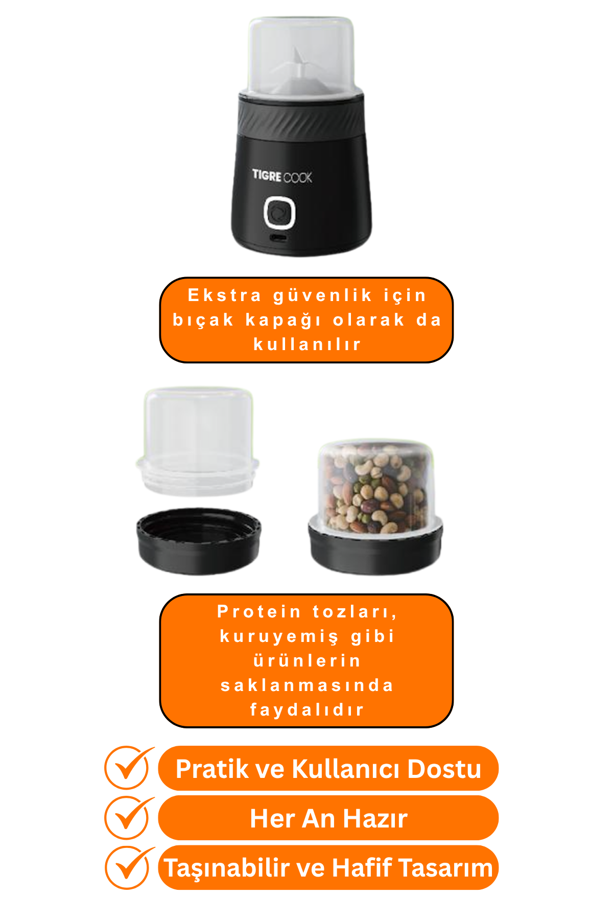Şeffaf kapaklı siyah Tigre Cook öğütücü. Kapağını güvenlik örtüsü ve kuruyemiş olarak da gösterir.